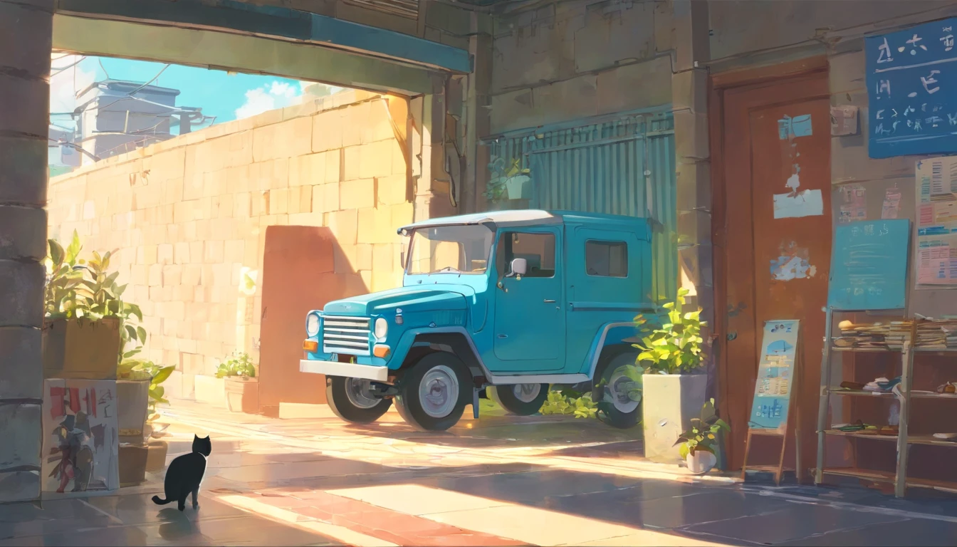 ((hitting a wall))、The truck hits the wall、Cat driving a truck、Futebutesi、malice、Fat cat,Chang'an, China, art nouveau illustration, Detailed sky, chinapunk, Descriptive narrative, solarizing master, quito school, Visual poetry