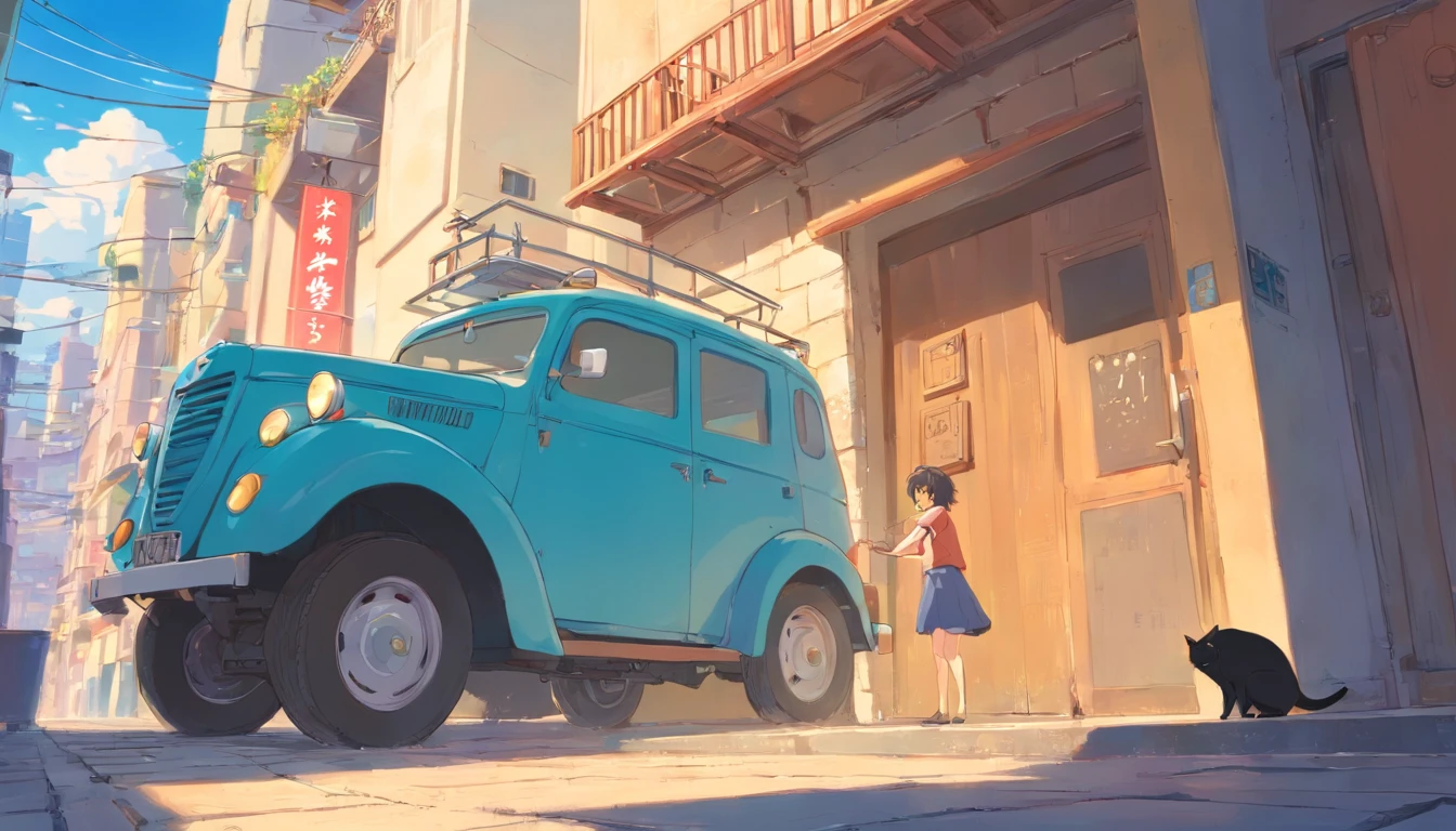 ((hitting a wall))、The truck hits the wall、Cat driving a truck、Futebutesi、malice、Fat cat,Chang'an, China, art nouveau illustration, Detailed sky, chinapunk, Descriptive narrative, solarizing master, quito school, Visual poetry