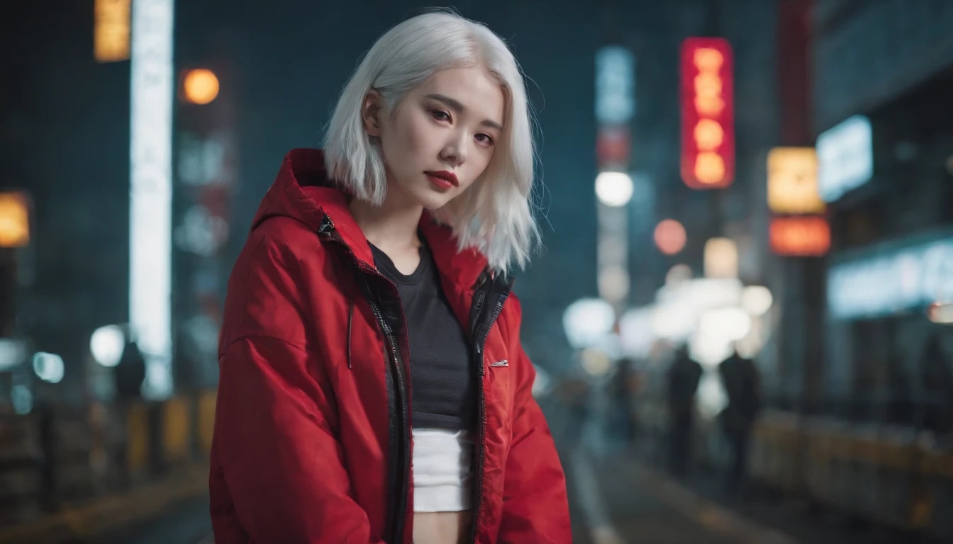 japanaese girl,pale skin,beatiful face(white colored hair)red jacket,Tokyo at night, with Cyberpunk style,Japanese streetwear,Tokyo Fashion,In a Cyberpunk 2 jacket 0 7 7,Full-length,attractive pose
