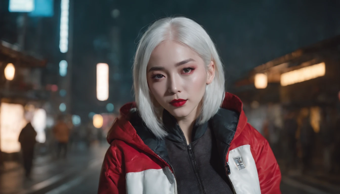 japanaese girl,pale skin,beatiful face(white colored hair)red jacket,Tokyo at night, with Cyberpunk style,Japanese streetwear,Tokyo Fashion,In a Cyberpunk 2 jacket 0 7 7,Full-length,attractive pose