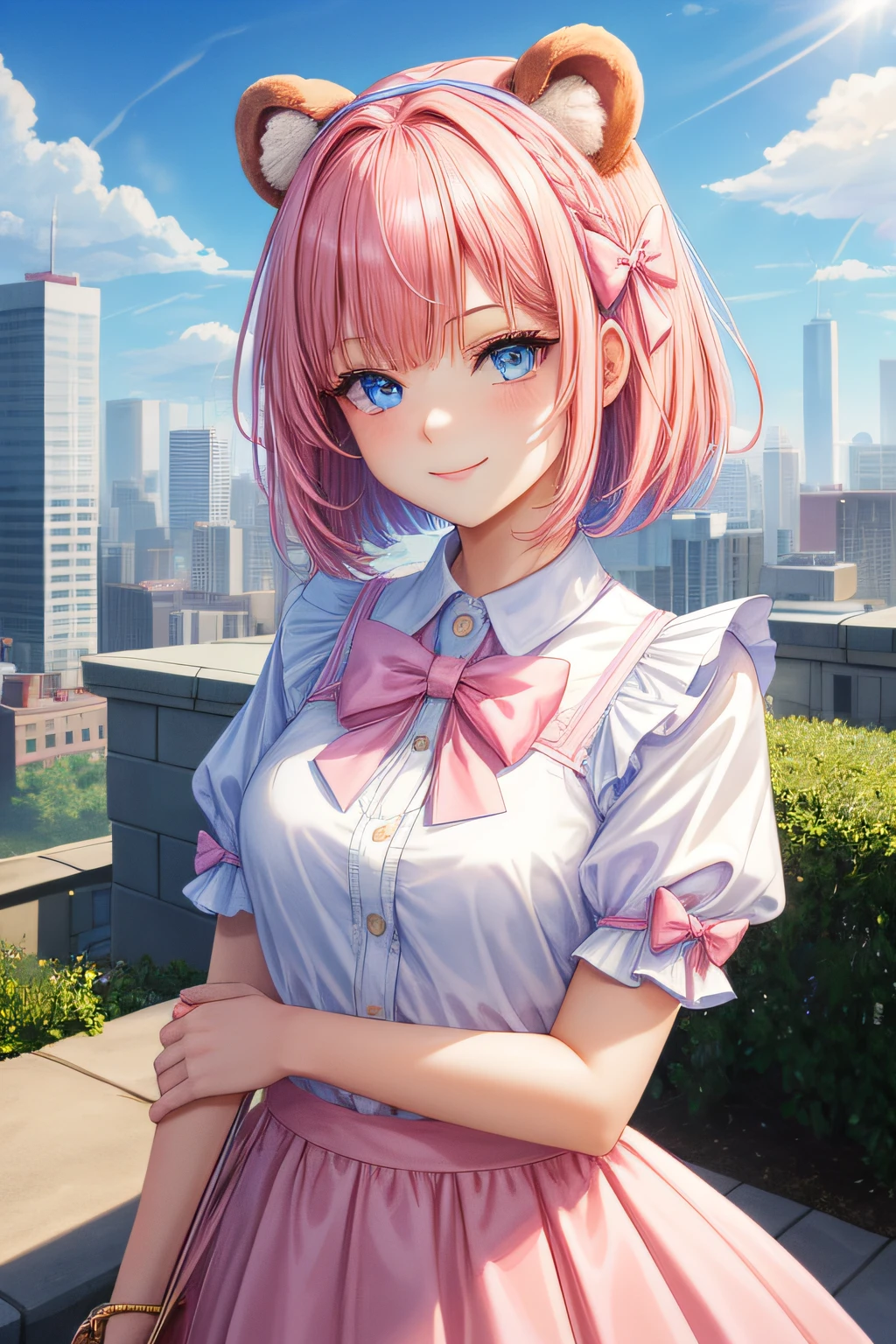 ​master piece, Best Quality, High resolution, Ultra-detailed, 1girl in, Late s, Pink hair and pale blue eyes, Fluffy animal ears, Looking at Viewer,Wear a short-sleeved T-shirt, Check skirt, Bangs, Short hair, Bow, Hair Bow, pink bows, A smile, Brown bear ears, bob cuts, tits out, Portrait, Upper body, city in background,