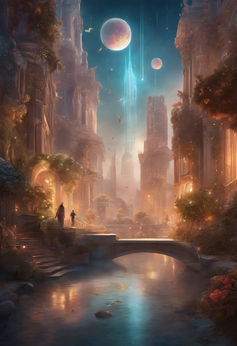 Best Quality, masutepiece, Photorealistic, (high resolution CGI artwork 8k), Luxury、Create a stunning futuristic interior in style, The color scheme is white and ethereal, Reflective Opal, Rose style, marble, precious minerals, metals, Pedras preciosas, crystalline, Ornate magnificent historic windows, hight resolution, A masterpiece of 3D rendering of digital art, The perfect blend of fantasy and reality, Dreamy twinkle, The cityscape is a fantastic world, inspired by Beeple
