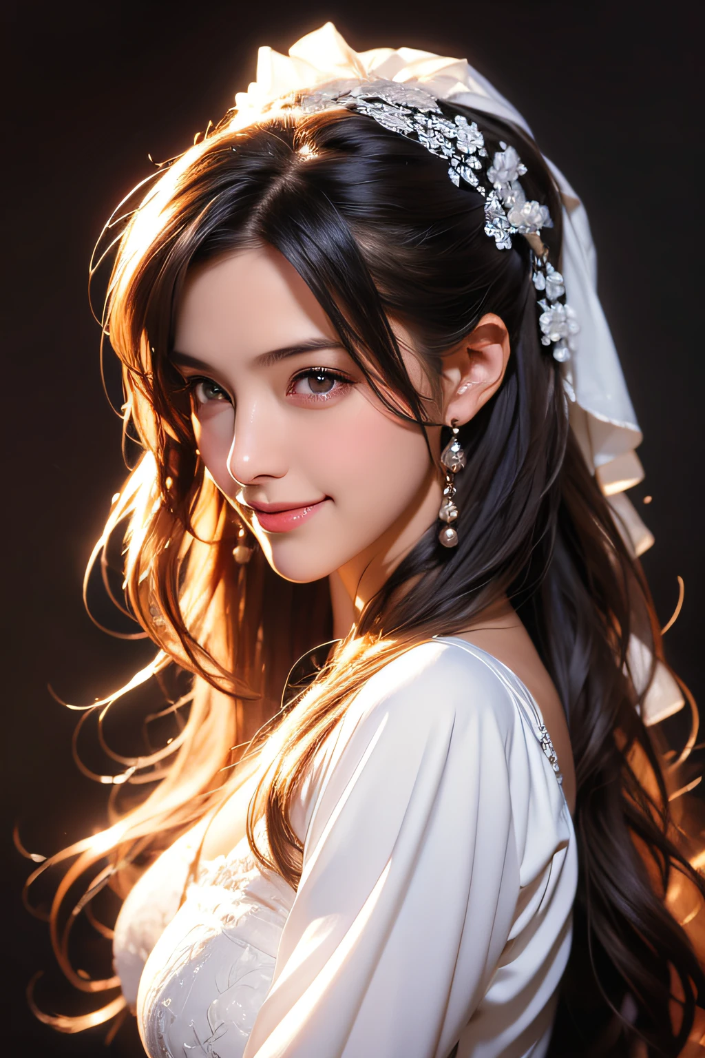 18 year old beautiful girl, Big eyes, Large breasts, Petite and slender, 8K, of the highest quality, (Highly detailed head: 1.0), (Very detailed face: 1.0), (very detail hair: 1.0), maid clothes, high detailed official artwork, anime moe art style, clean detailed anime art, Smile, Golden hair, Black theme、Smooth long hair