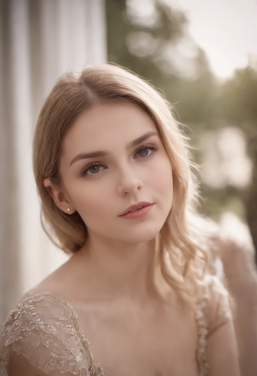 realistic blonde female, Perfect body shape, perfect face, ssmile, hdd, Distance frame, Mid-level dress, hair straight,Spread your legs