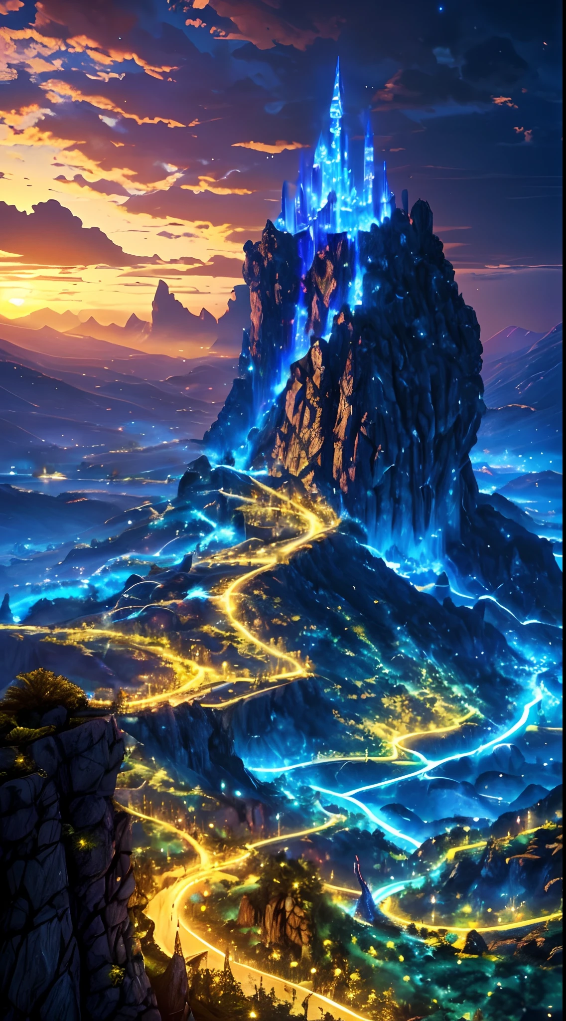 There is a mystical landscape of a magical fantasy with side mountains divided by a trench in half, paisagem surrealista, noite mistica, lua cheia brilhante, magic lights , luzes neon, magia de luz, noite misteriosa, (luzes roxo,azul, amarelo), photografia profissional,(obra prima),(Ultra realista),(Ultra Dealhado),(melhor qualidade),(simetria perfeita:1.3)