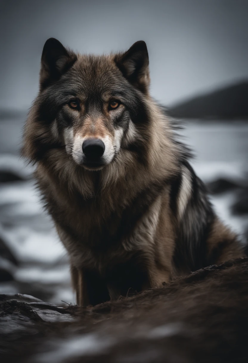 Wolf God, surreal, tense, cold, highly detailed, sharp, professional, 8k UHD, movie, dark, violent, outdoor, river, battle, chase, dramatic, vivid, tense atmosphere, rendering, epic, twilight, HDR, album cover, blizzard, lightning, disaster