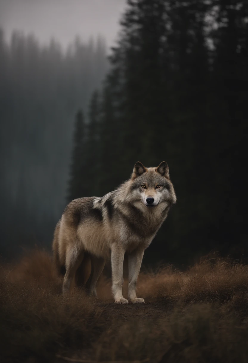Wolf God, surreal, tense, cold, highly detailed, sharp, professional, 8k UHD, movie, dark, violent, outdoor, river, battle, chase, dramatic, vivid, tense atmosphere, rendering, epic, twilight, HDR, album cover, blizzard, lightning, disaster