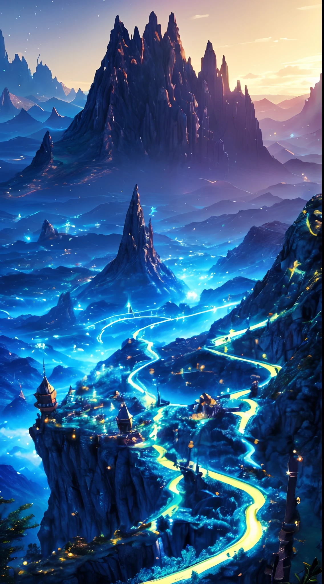 There is a mystical landscape of a magical fantasy with side mountains divided by a trench in half, paisagem surrealista, noite mistica, lua cheia brilhante, magic lights , luzes neon, magia de luz, noite misteriosa, (luzes roxo,azul, amarelo), photografia profissional,(obra prima),(Ultra realista),(Ultra Dealhado),(melhor qualidade),(simetria perfeita:1.3)