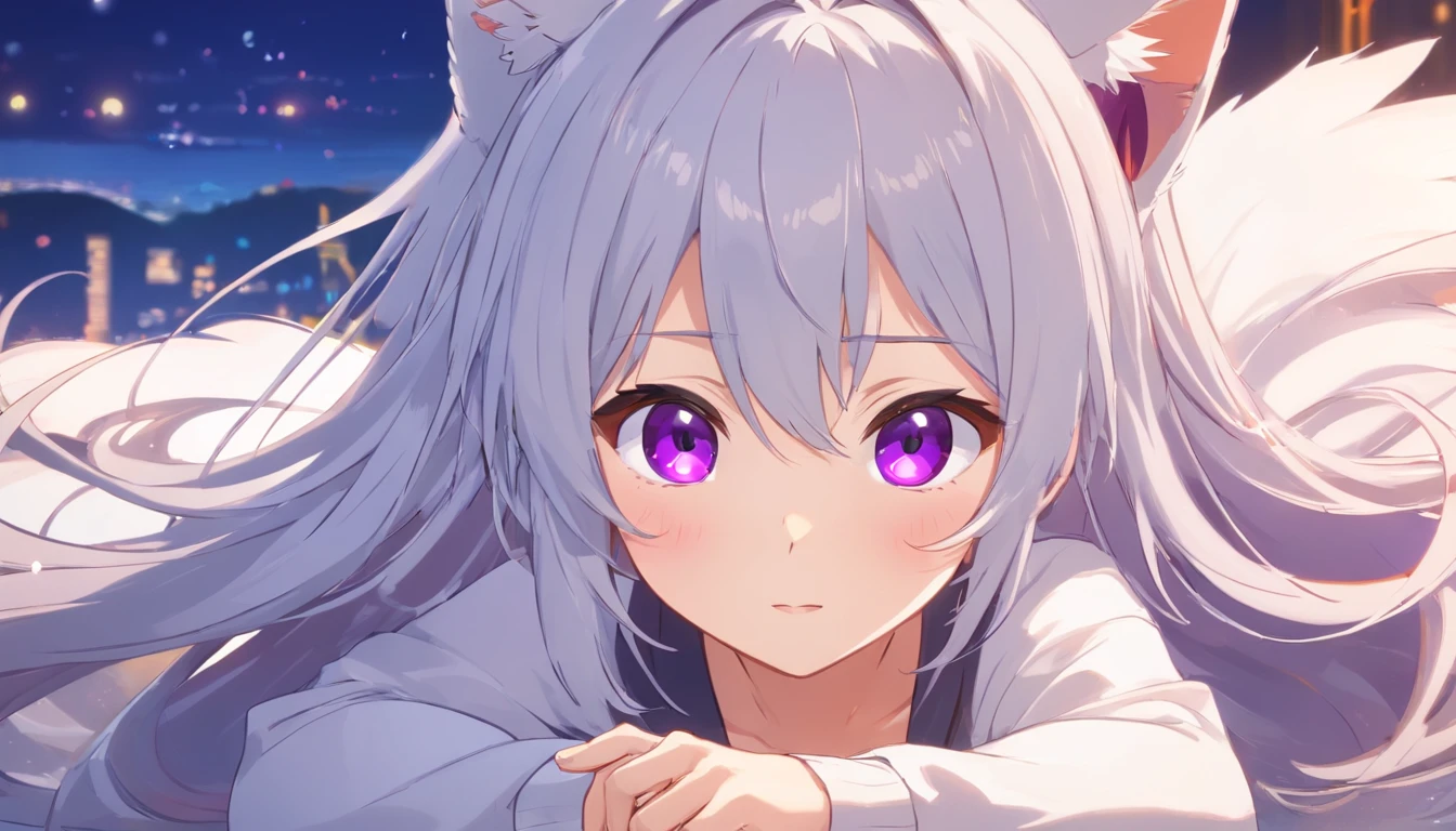 white long sleeve shirt、full bodyesbian、Purple eyes that sparkle with gemstones，[Cute little girl s:1.5]、Cat ears，Touch、[A shy look:1.5]，Open white shirt，A cute loli，Look up at your head，Beautiful eyes，Open All、Cute faces in anime，long Grey hair,[Spoiled children],Ahog was fascinated,Beautiful eyes、8K images