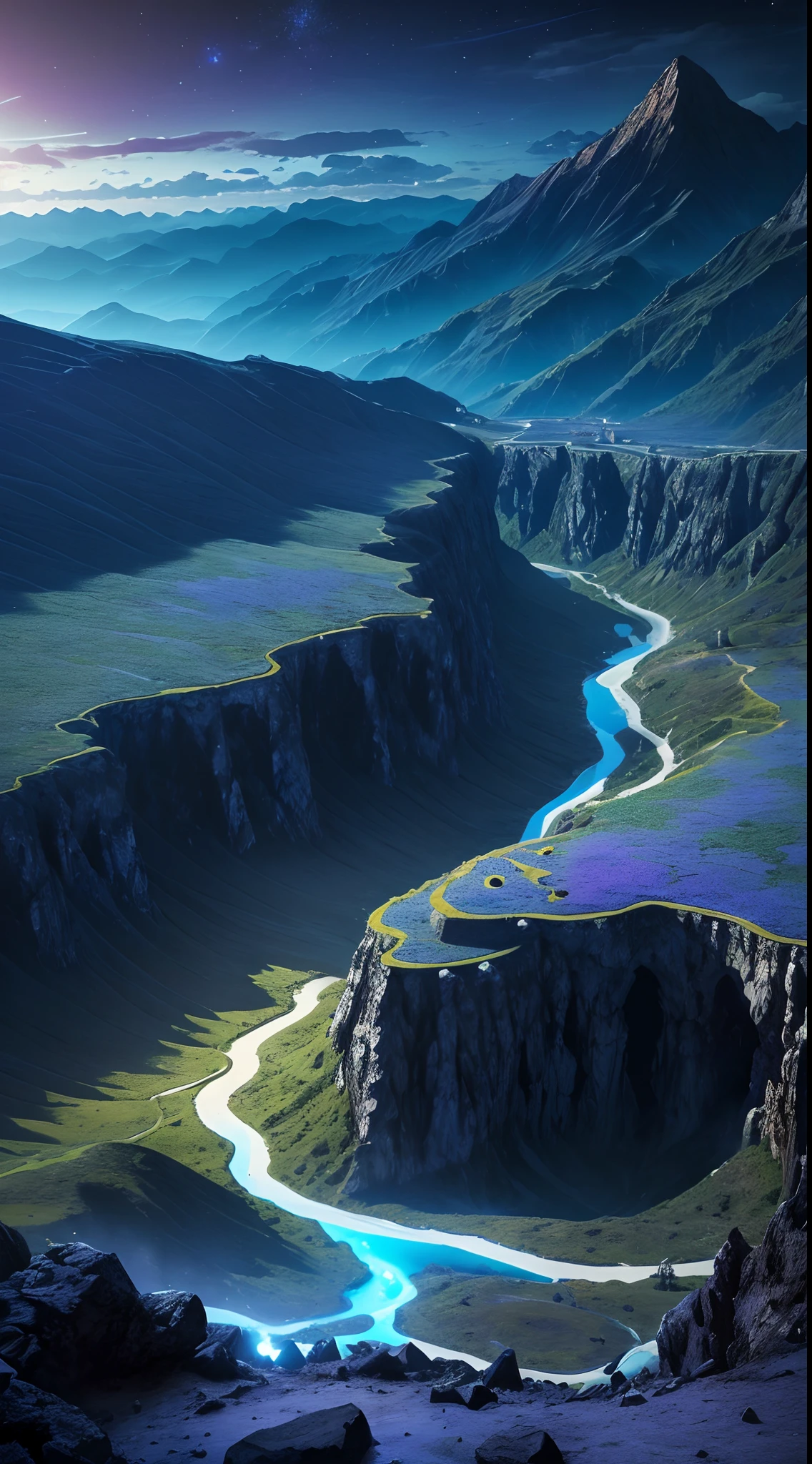 A view of a river running through a valley in the mountains - SeaArt AI