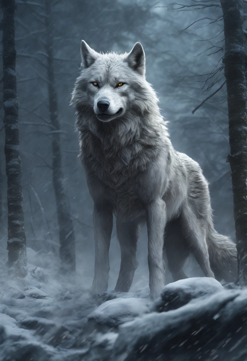 Wolf God, surreal, tense, cold, highly detailed, sharp, professional, 8k UHD, movie, dark, violent, outdoor, river, battle, chase, dramatic, vivid, tense atmosphere, rendering, epic, twilight, HDR, album cover, blizzard, lightning, disaster