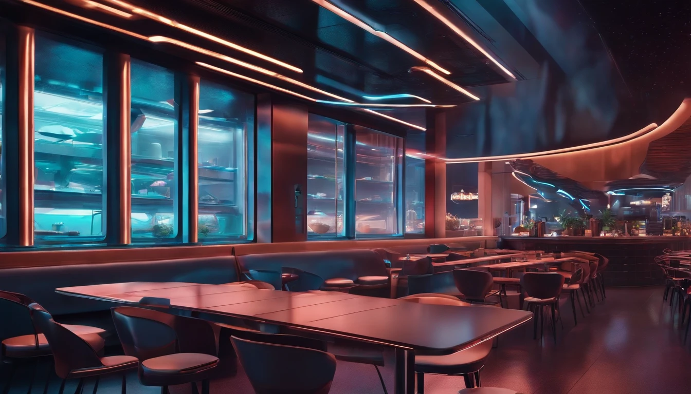 cafeteria, futuristic backdrop, Cyberpunk, 8k