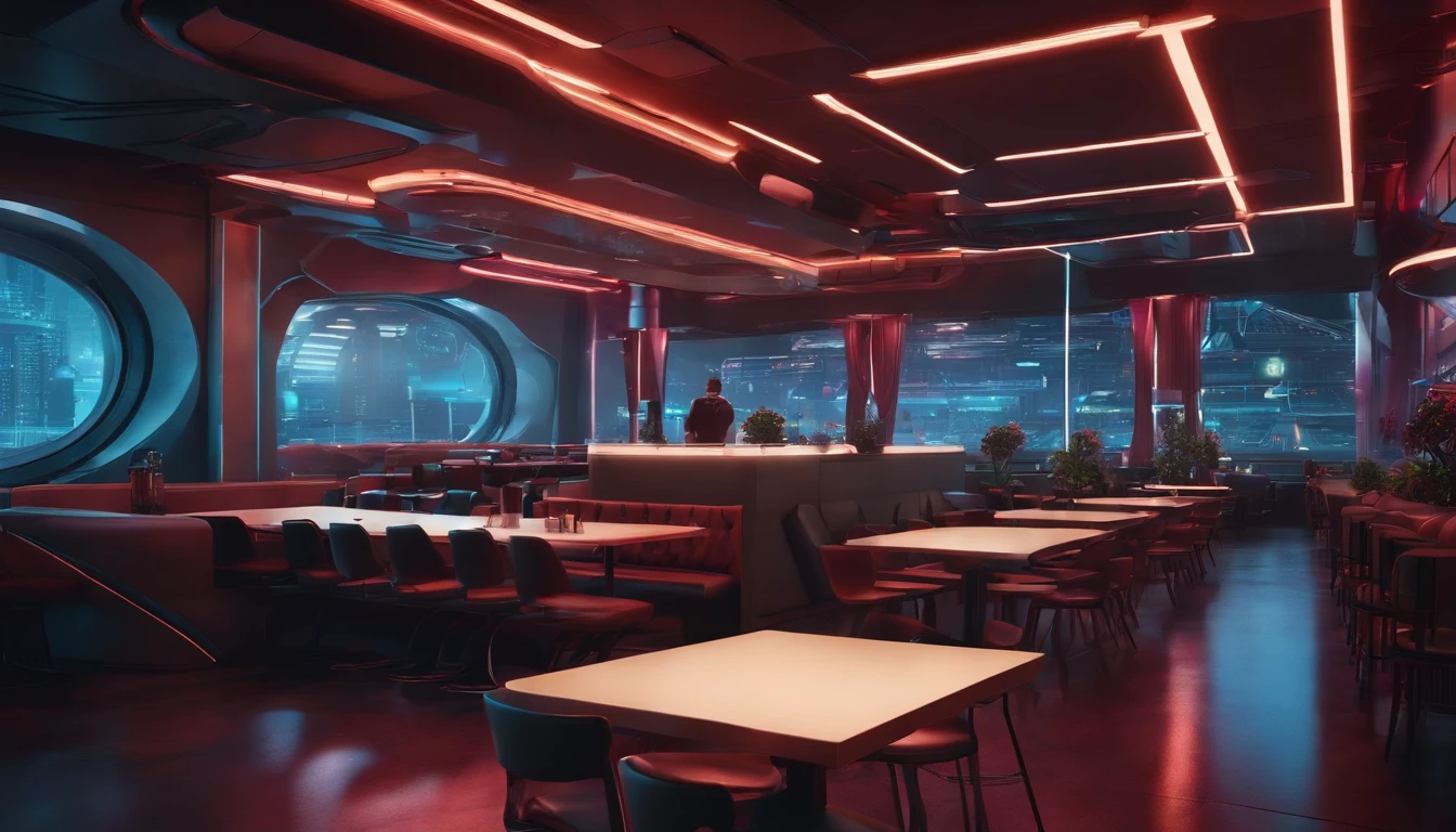 cafeteria, futuristic backdrop, Cyberpunk, 8k
