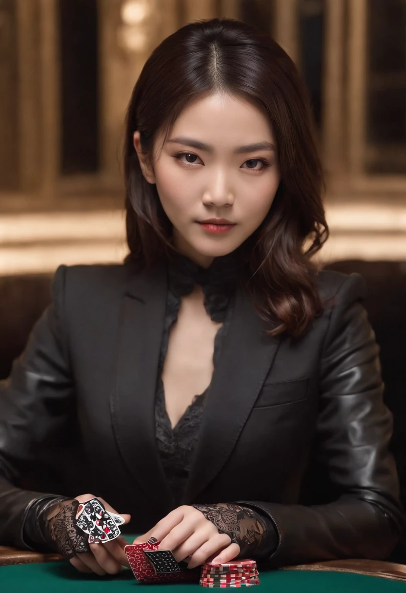 A young Japanese woman with a black suit up to a shirt and playing cards with black leather gloves on both hands