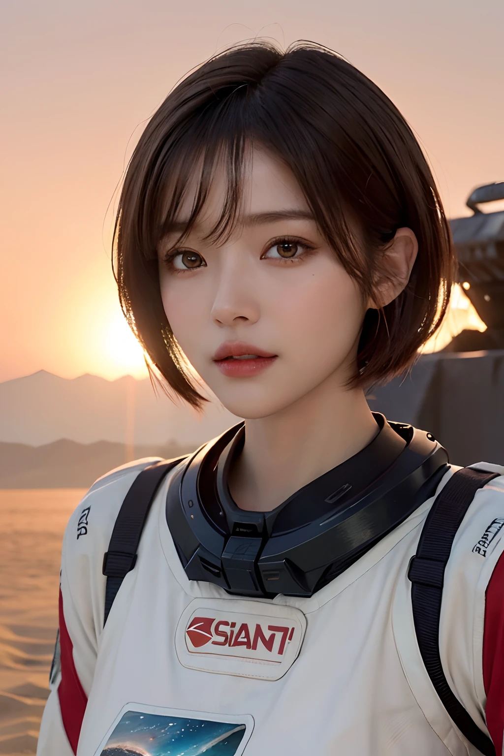 top-quality、masterpiece、超A high resolution、(realisitic:1.4)、Beautuful Women1、Beautiful detail eyes and skin、ssmile、Light brown short-cut hair、The perfect spacesuit、spaceships、Mysterious planet、Red sky、Sand Planet、sandstorm、