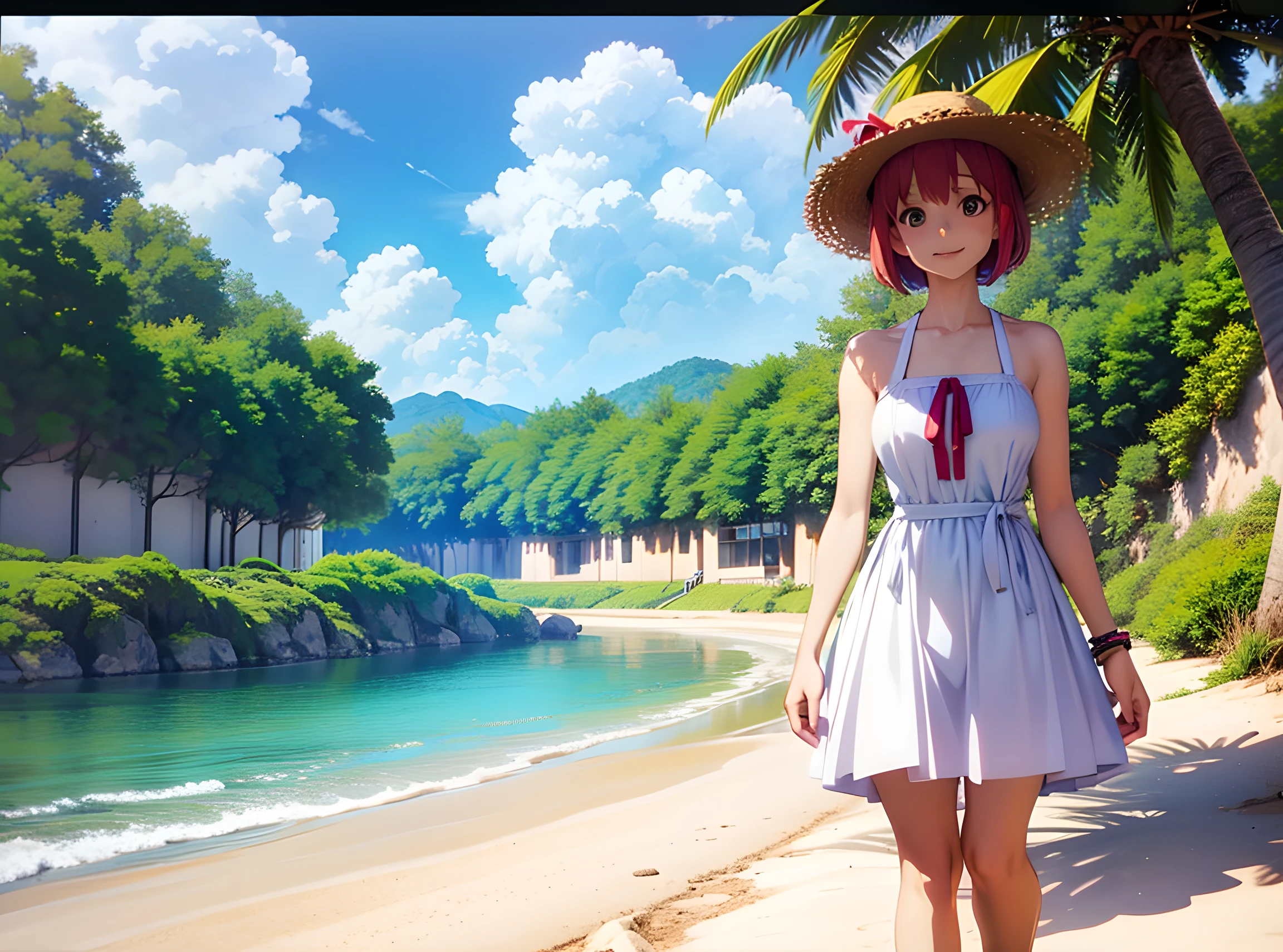 There is a woman in a white dress and straw hat on the beach, 3d anime girl, with straw hat, Game CG, render of a cute 3d anime girl, photorealistic anime girl render, Asuka as a surfer model, pixiv 3dcg, anime thai girl, Lori, iray, Rin
