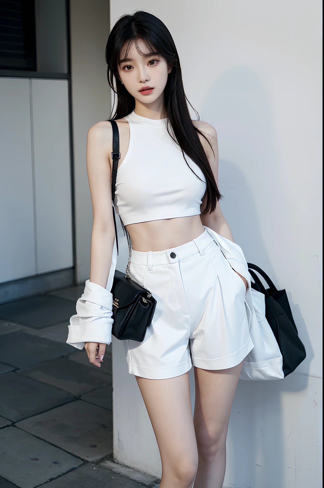 a woman in white top and shorts holding a black bag, bra and shorts streetwear, eora, korean women's fashion model, heonhwa choe, smooth white tight clothes suit, bae suzy, gorgeous young korean woman, 2 0 year old female model, female actress from korea, lee ji - eun, lee ji-eun