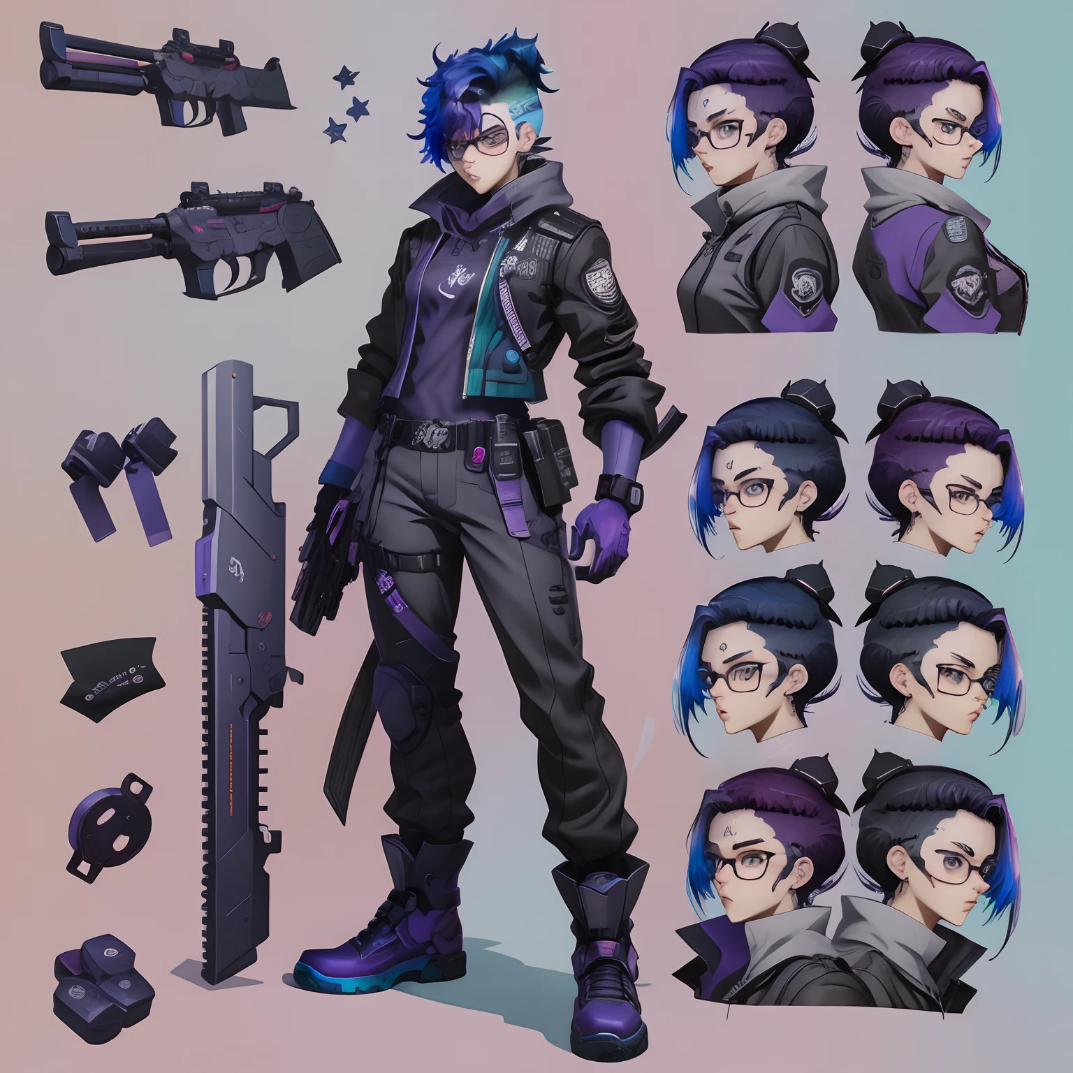 Anime character poses with weapons and various expressions, design de personagem altamente detalhado, personagem anime de uma soldado feminina com uma arma e um desenho de uma mulher com rosto com queixo fino, nariz fino e olhos grandes, e um rosto oval meio redondo, Ela parece uma mistura de Grimes, parece uma mistura de grimes, assemelhando-se a uma mistura de grimes, parece uma mistura de grimes, 19 anos, androgynous person, piercings e um moicano, short purple hair with messy undercut, brincos enormes, Cords and queer makeup, acid pixie, Molly do romance Neuromancer