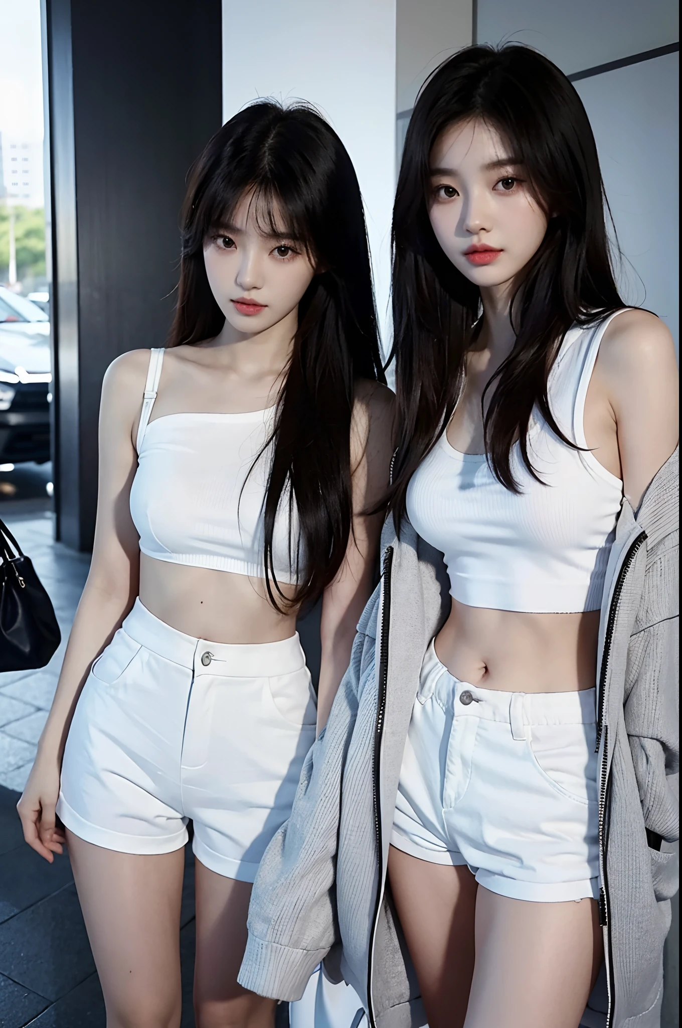 Best quality，Ultra-high resolution，（lifelike：1.4），Cute hairpin，1girll，Long curly hair，jk，Blush，Slim beauty：1.4，Visible abdominal muscles，on the beach，Ultra-fine face，Exquisite eyes，Double eyelids，necklace