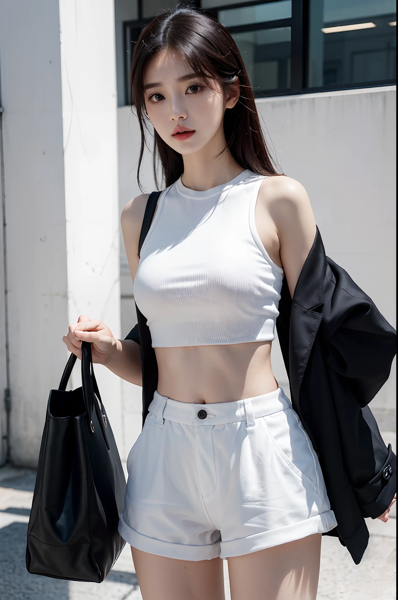 a woman in white top and shorts holding a black bag, bra and shorts streetwear, eora, korean women's fashion model, heonhwa choe, smooth white tight clothes suit, bae suzy, gorgeous young korean woman, 2 0 year old female model, female actress from korea, lee ji - eun, lee ji-eun