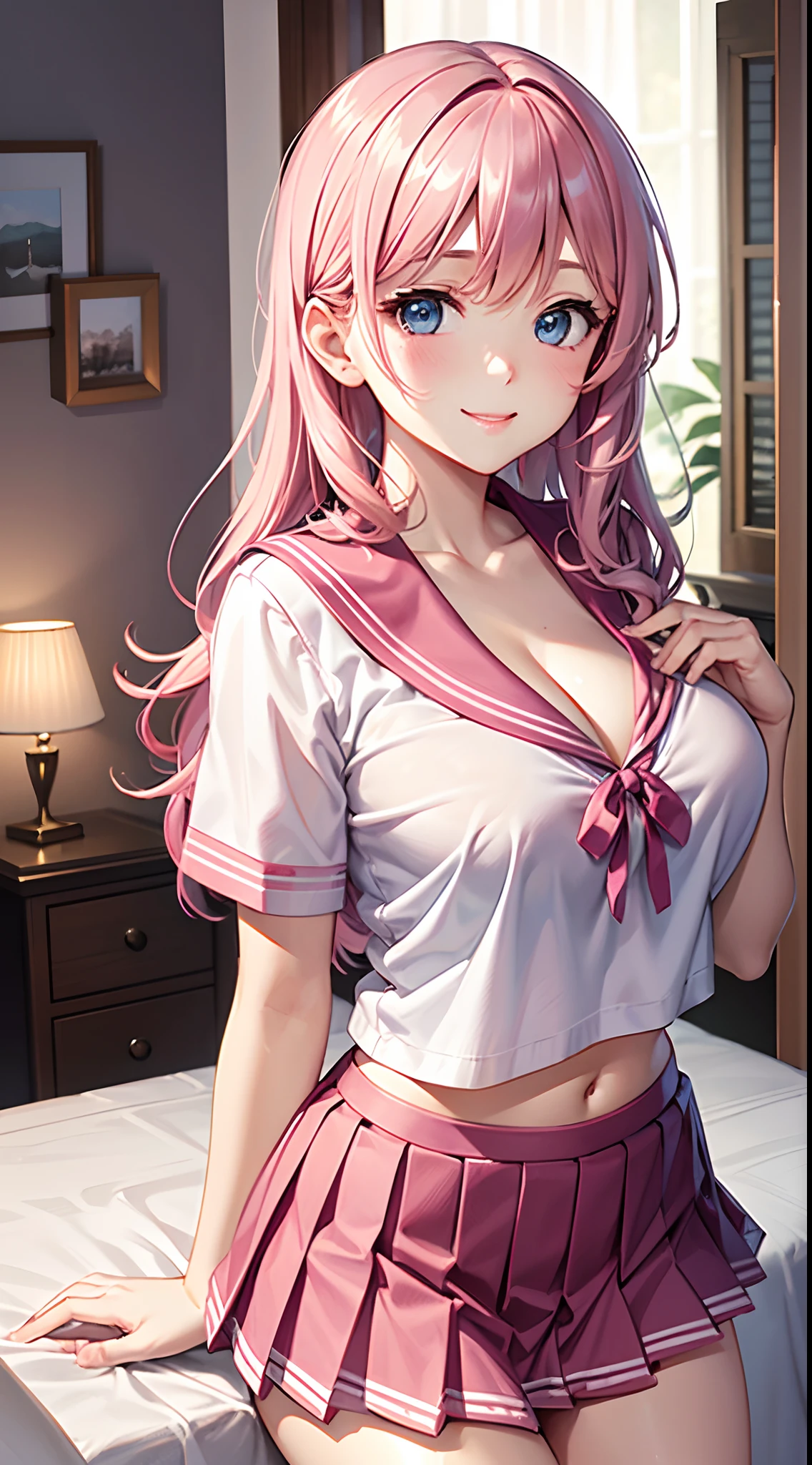 Beautiful illustration、top-quality、 s、Bedroom、A pink-haired、length hair、(((Pink pleated skirt)))、(((pink sailor suit)))、shortsleeves、Colossal tits、a navel、Flipping up the skirt with your hands、Show white panties、Pull up your skirt and show your panties、bare-legged、blue eyess、on the beds、lovely thighs、glowing thigh、cleavage of the breast、kindly smile
