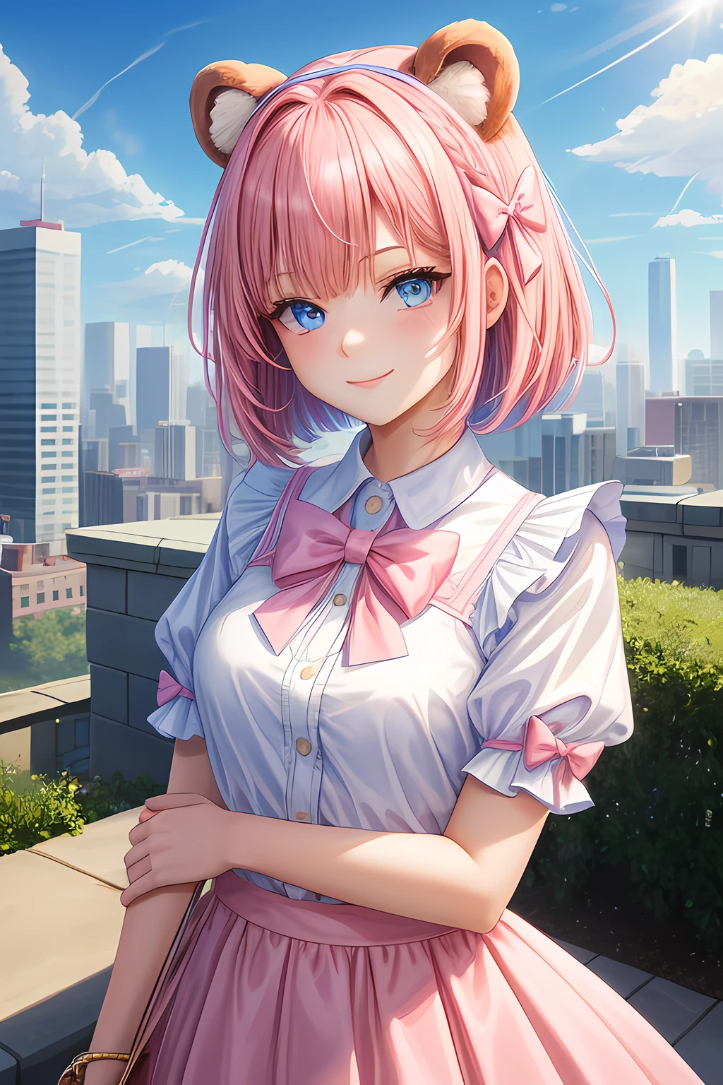 master piece, Best Quality, High resolution, Ultra-detailed, 1girl in, Late s, Pink hair and pale blue eyes, Fluffy animal ears, Looking at Viewer,Wear a short-sleeved T-shirt, Check skirt, Bangs, Short hair, Bow, Hair Bow, pink bows, A smile, Brown bear ears, bob cuts, tits out, Portrait, Upper body, city in background,
