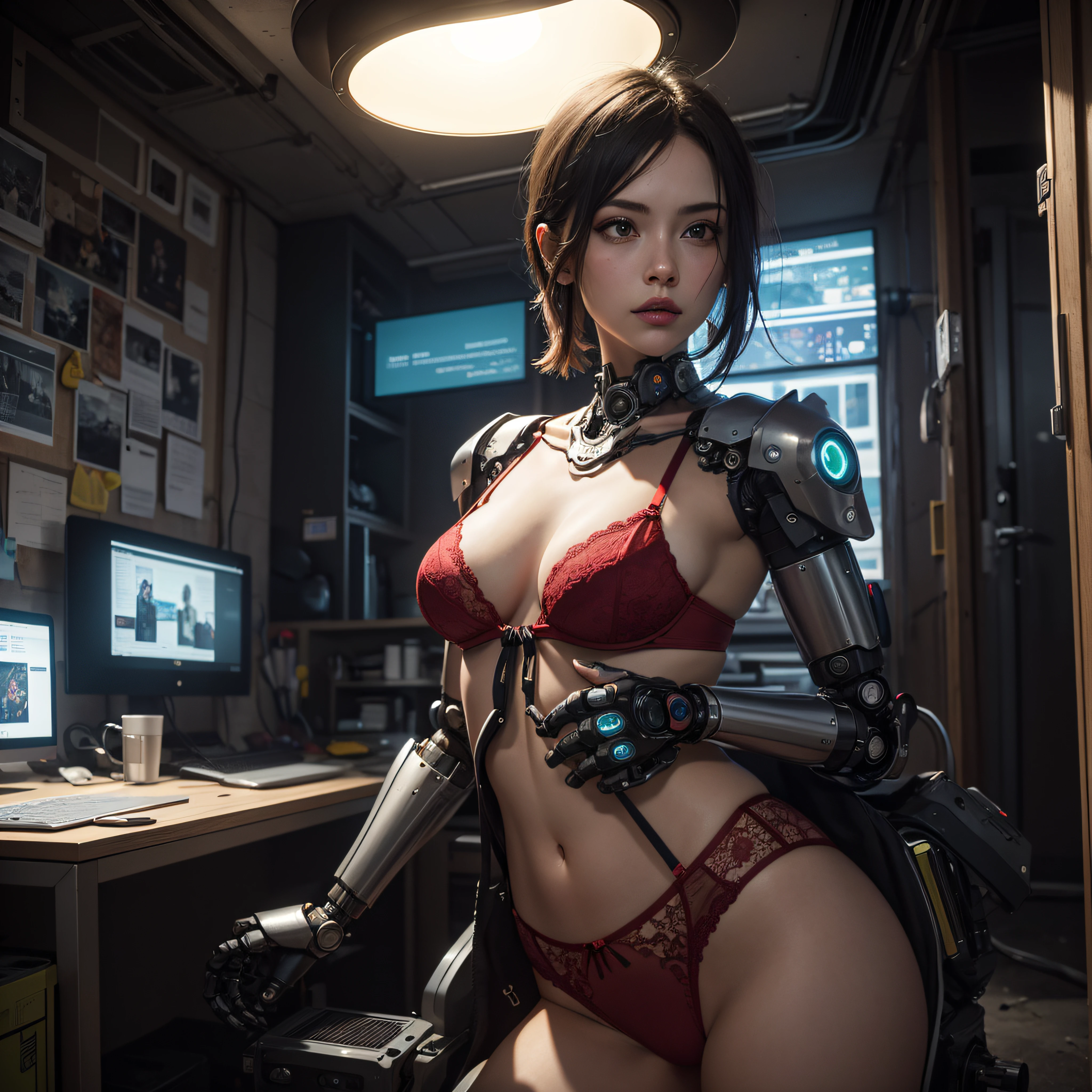 ((calidad superior)), ((obra maestra)), ((realista)), (Los detalles), (fotorrealista:1.5), puppet, marioneta de nadera humanoides tendidos en un piso de concreto, Science-Fiction, HDR, Trazado de rayos, NVIDIA RTX, Los ultra-Highres, Irreal 5, Sub-Surface Scatterring, PBR texturizado, Post-procesamiento, Anisotropic filtering, Profundidad de campos, maximum sharpness and sharpness, Regla de los tercios、8K RAW、(Luminescent Particles:1.4)、(super-detailed CG、Unidad 8k Fondos de pantalla、lighting like a movie、destello de lente、foco nítido、Girl with red lingerie in robotic parts, Arte cyberpunk、arquitectura cyberpunk