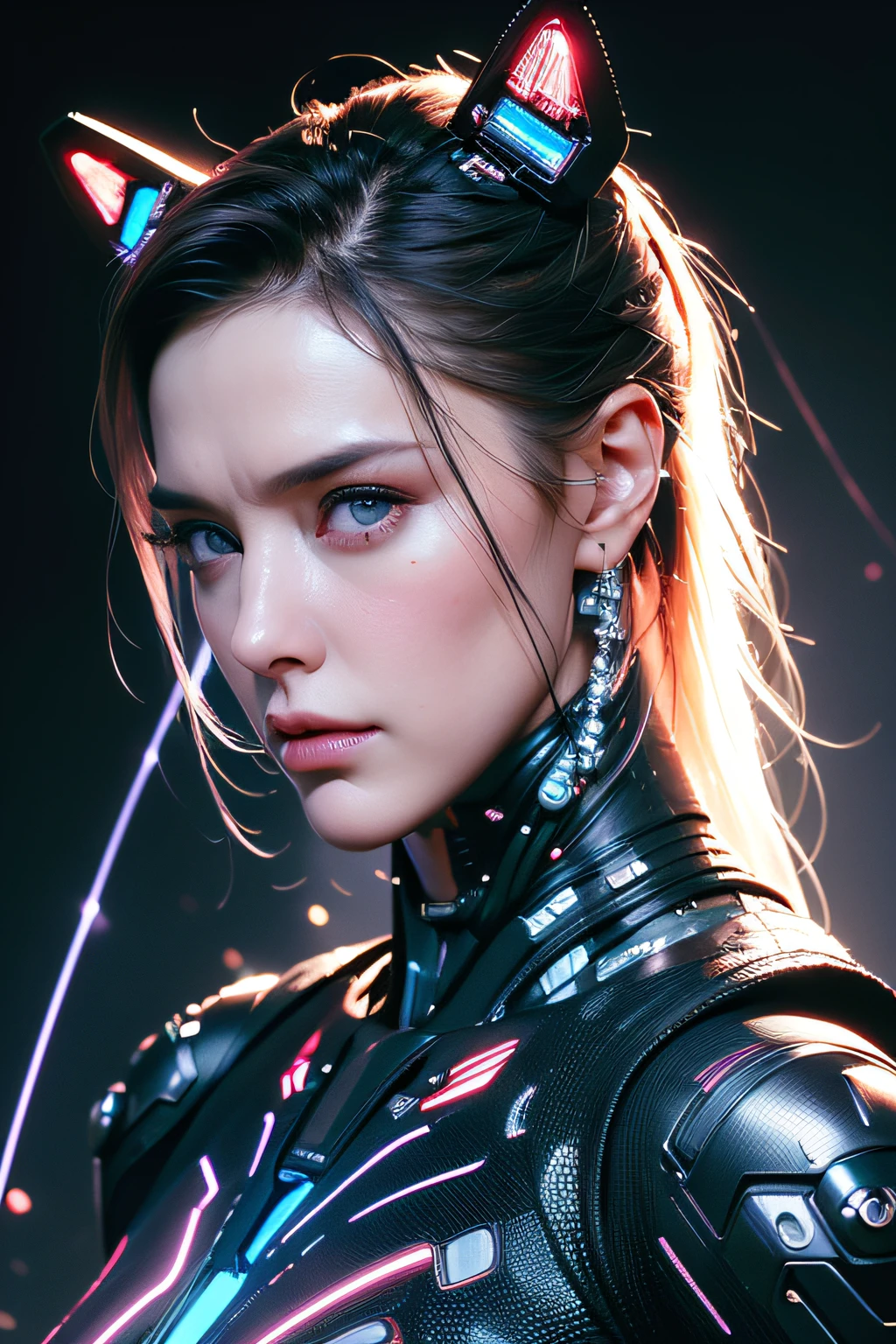 [Cat : girl : 7], Chest, Porcelain face, cyborgs, roboticparts, 150mm, beautiful studio soft light, Rim Light, vibrant detail, Cyberpunk, hyper realisitic, Anatomical, face muscles, cable electric wires, microchips, h. r. Giger style, Extremely detailed  (Realistic, Photorealsitic:1.37),amazing, finely detail