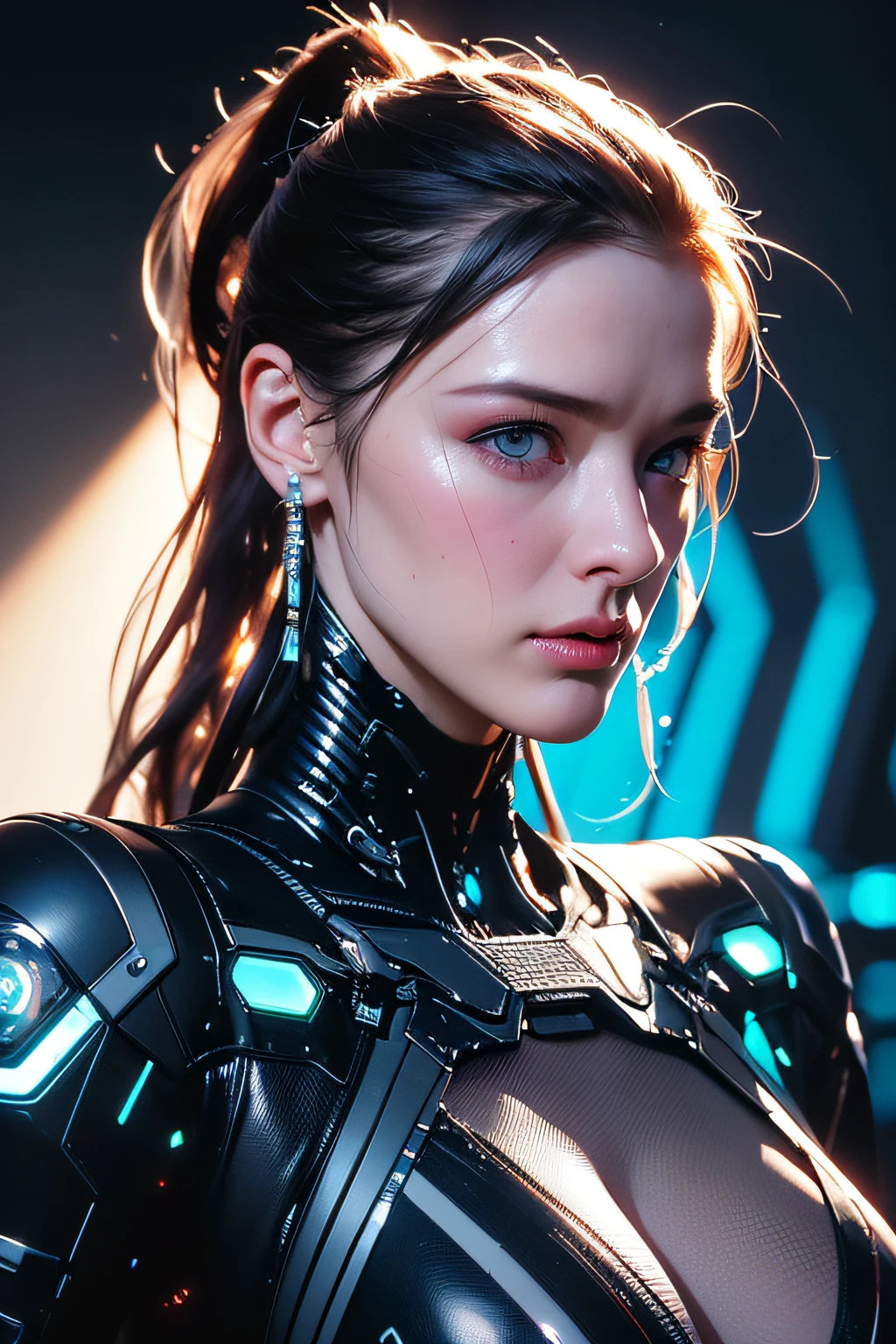[Cat : girl : 7], Chest, Porcelain face, cyborgs, roboticparts, 150mm, beautiful studio soft light, Rim Light, vibrant detail, Cyberpunk, hyper realisitic, Anatomical, face muscles, cable electric wires, microchips, h. r. Giger style, Extremely detailed  (Realistic, Photorealsitic:1.37),amazing, finely detail