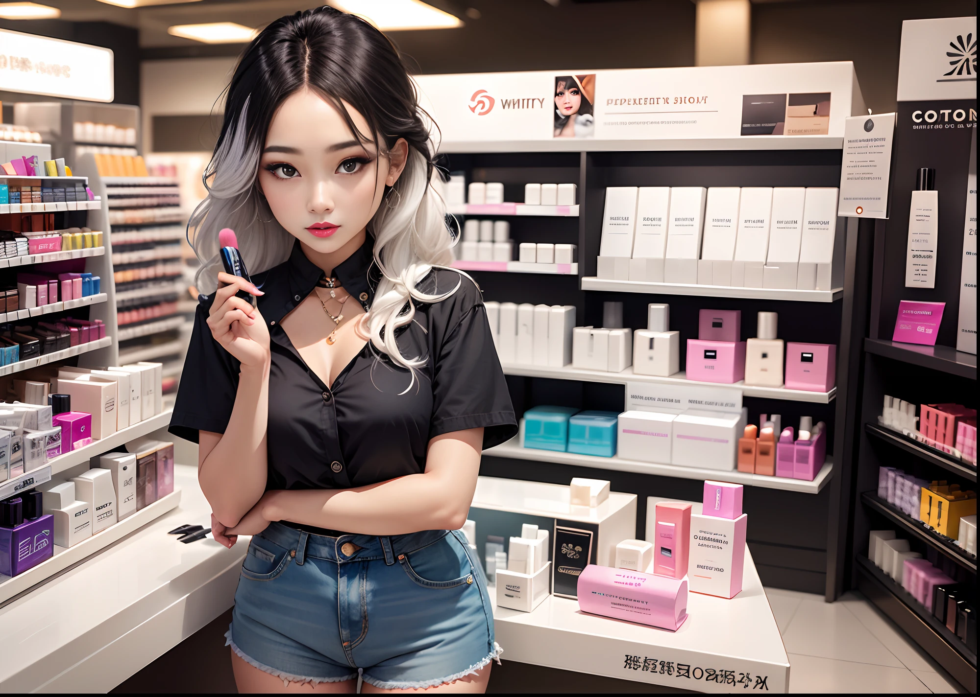 1 girl, white hair, denim shorts,(cosmetics),(lipstick),(cosmetics counter),(display products),(beauty consultant),(colorful shades),(customer interaction),(try on samples),(confident saleswoman),(stylish look),(cosmetics brand).