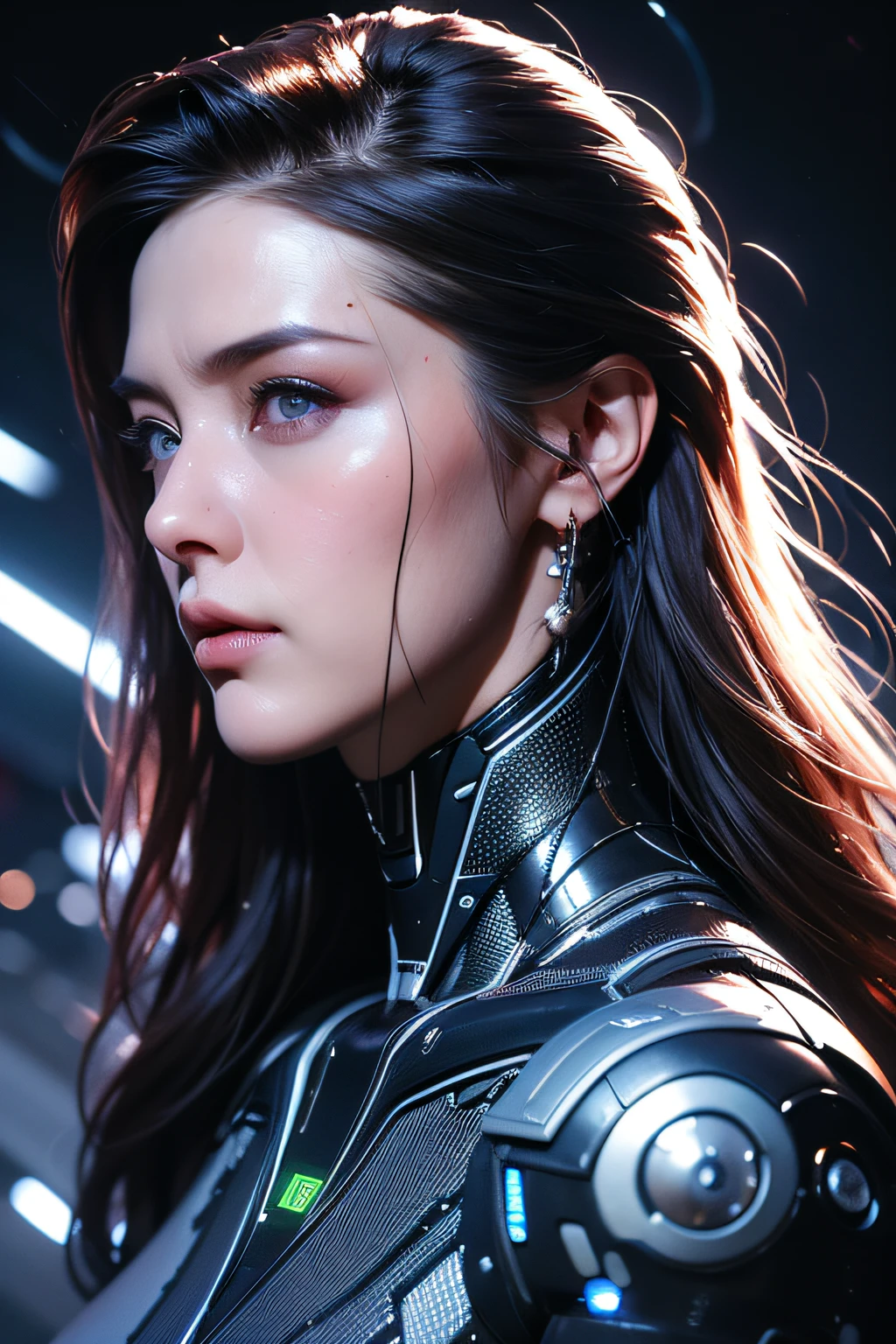 [Cat : girl : 7], Chest, Porcelain face, cyborgs, roboticparts, 150mm, beautiful studio soft light, Rim Light, vibrant detail, Cyberpunk, hyper realisitic, Anatomical, face muscles, cable electric wires, microchips, h. r. Giger style, Extremely detailed  (Realistic, Photorealsitic:1.37),amazing, finely detail