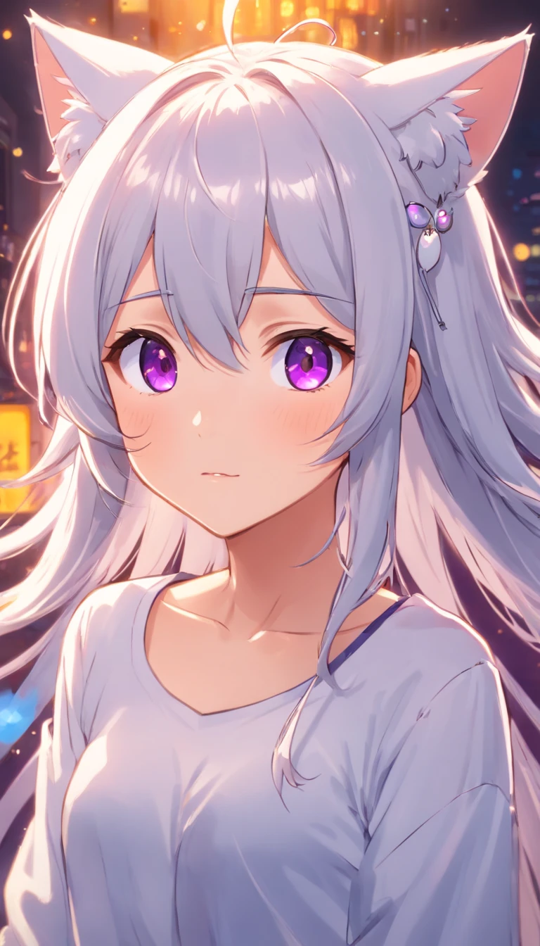 white long sleeve shirt、full bodyesbian、Purple eyes that sparkle with gemstones，[e lit1.5]、Cat ears，Touch、[A shy look:1.5]，Open white shirt，A cute loli，Look up at your head，Beautiful eyes，Open All、Cute faces in anime，long Grey hair,[Spoiled children],Ahog was fascinated,Beautiful eyes、8K images
