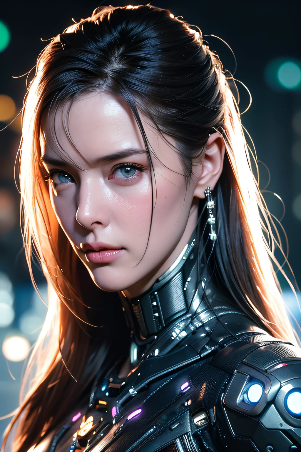 [Cat : girl : 7], Chest, Porcelain face, cyborgs, roboticparts, 150mm, beautiful studio soft light, Rim Light, vibrant detail, Cyberpunk, hyper realisitic, Anatomical, face muscles, cable electric wires, microchips, h. r. Giger style, Extremely detailed  (Realistic, Photorealsitic:1.37),amazing, finely detail
