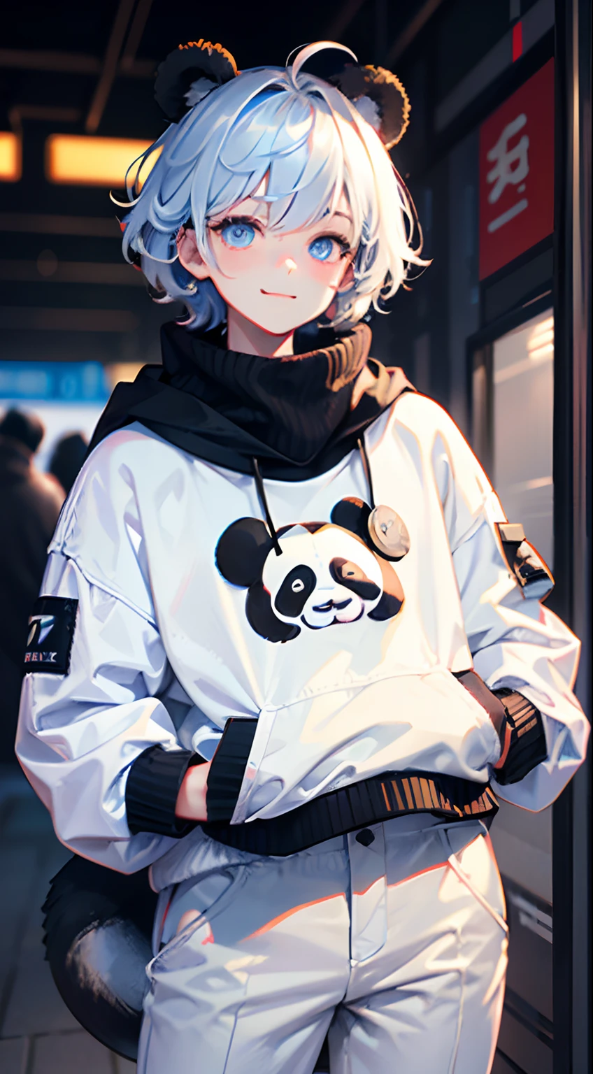 One Boy, cute smile, Blue eyes,hair messy,White Techware long big black mixed white colored sweater,tear drop,Viewer's Eye Line,Black skinny pants,Panda ears, cyberpunked, is standing cool pose, -facete little, ands are hidden