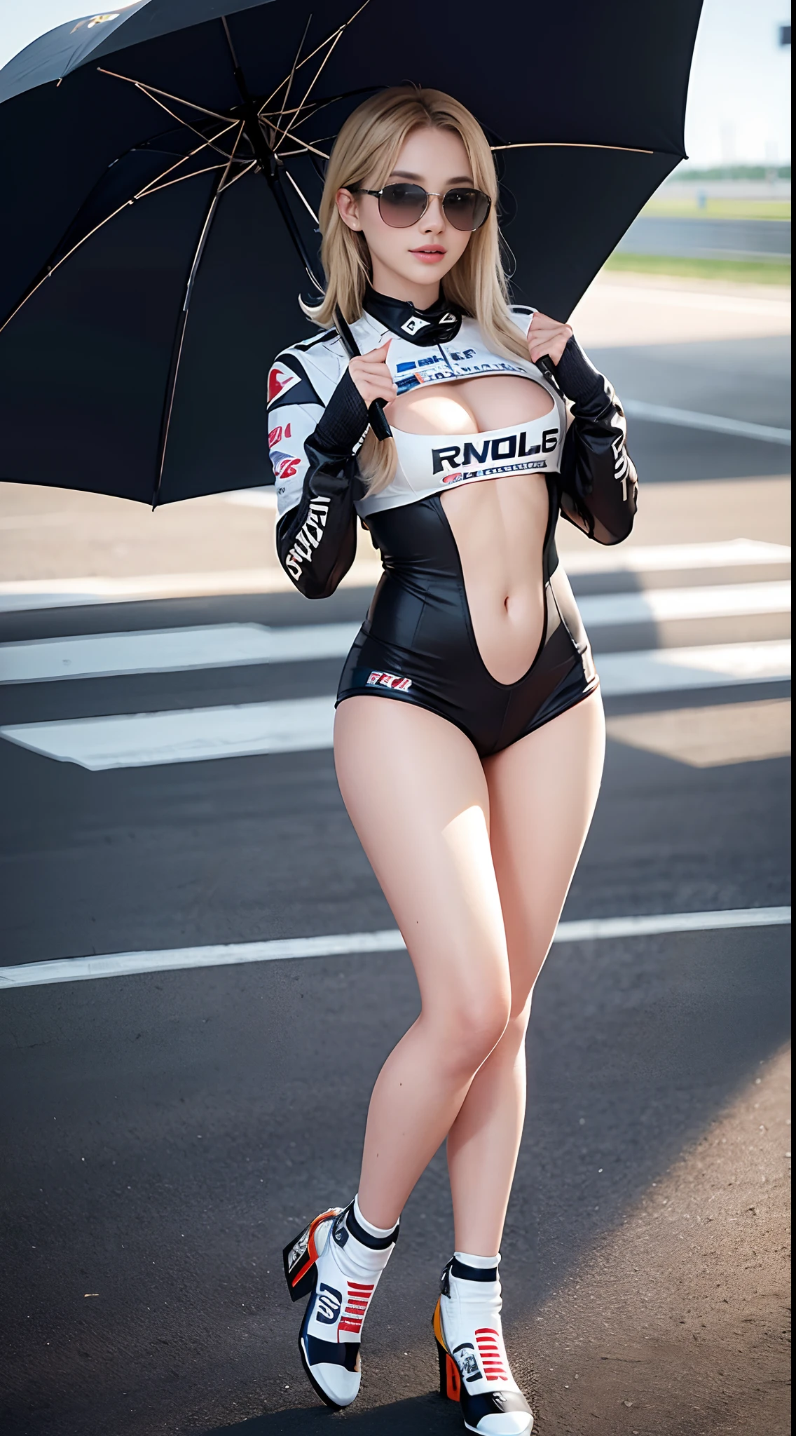 (Masterpiece), ( grid girl from MotoGP), (Holding on umbrella), (Sunglasses) full body, Best quality, Highest quality, Detailed, Extremely detailed_Eyes, Sexy,Breasts, beautiful hands, beautiful legs,
(eyes liner:0.5),(Blush:0.5), blonde hair, Simple Diamond Earrings,Detailed skin,
Light smile, fingers perfect, beautiful hands, masterpiece, best quality, detailed skin texture, detailed cloth texture, intricate details, ultra detailed, ((MotoGp event)), (MotoGp circuit background), (flying pose),High Angle, (Best quality, A high resolution, Photorealistic, primitive, 8K,Masterpiece, ),Best quality, Masterpiec8K. Wallpaper hdr. High ribs:1.2, filmgrain, Blur bokeh:1.2, Lens flare, (vivd colour:1.2), (Delicate),