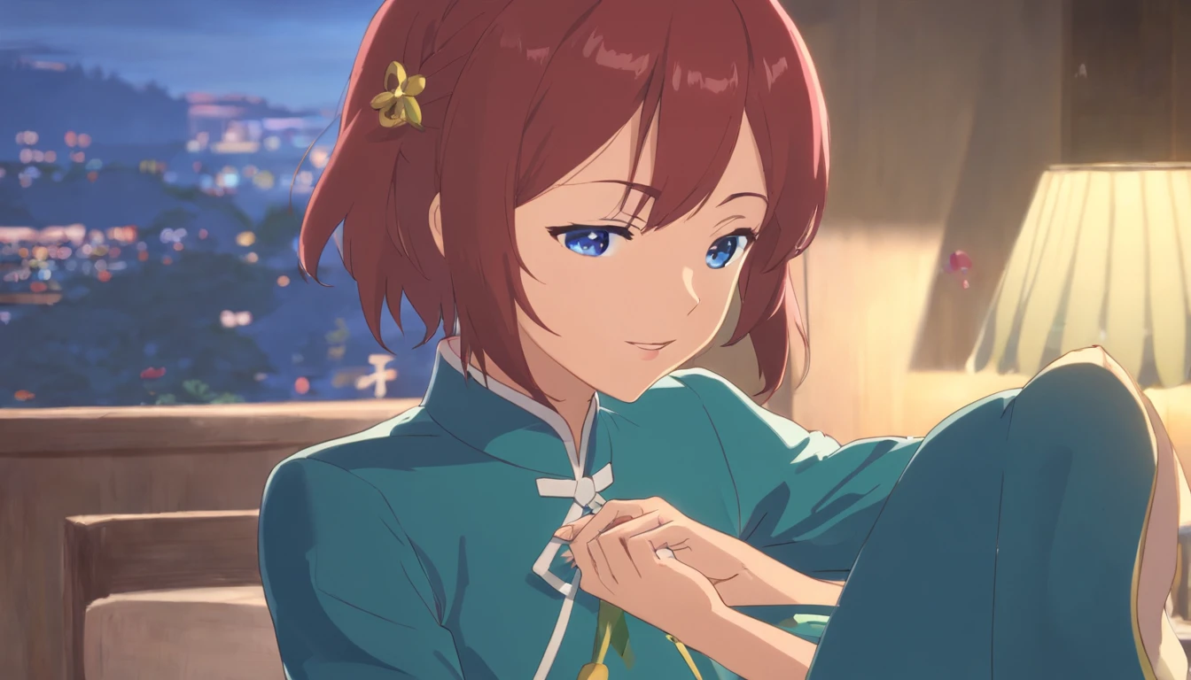 tmasterpiece,best qualtiy,anime big breast,redheadwear,Young girls,Positively,full bodyesbian,Big eyes,blue color eyes,Put your hands together,Chest protrusion,Chinese style cheongsam,The mouth is slightly open,morbid,frenzied,Saliva drawing
