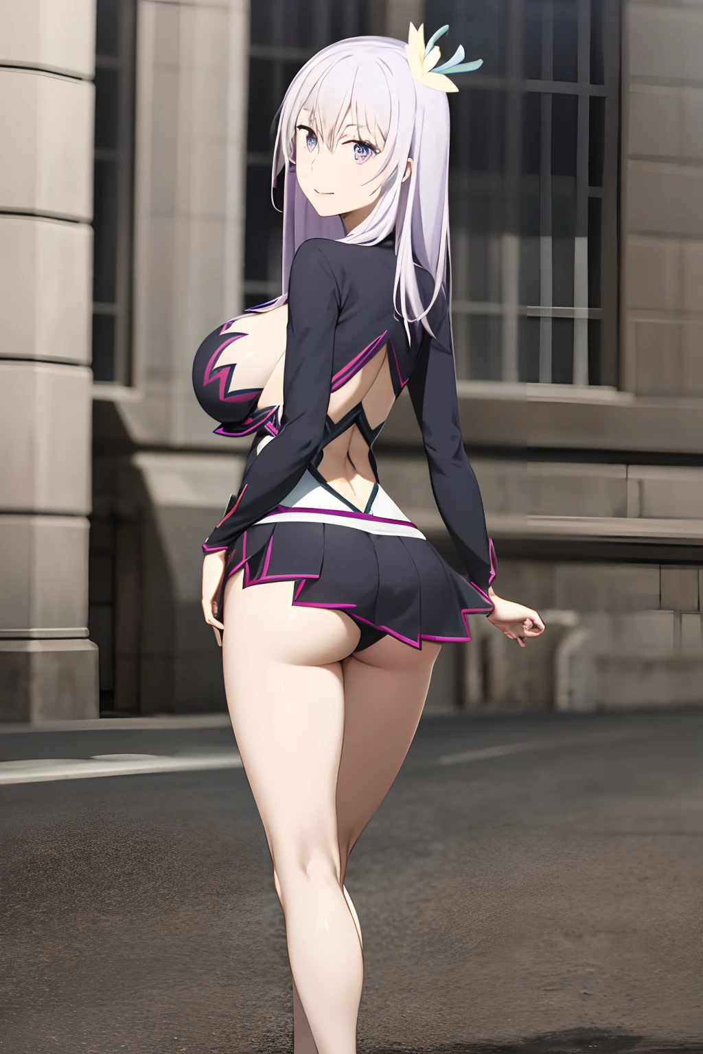 masterpiece, (( )), ,(()), (best quality), short skirt, (solo), 1girl, reona, silver hair, purple hair , long hair, purple eyes, sexy woman, hair between eyes, hair ornament, vibrant colors , natural lighting, RTX, (huge tits), (detailed face:1.2), (perfect eyes:1.1) ,(photorealistic:1.1), 8k uhd, looking a viewer, outdoors, simple backround, smile, (full body), standing pose, ((open legs)), ((view from back)), looking back, butt