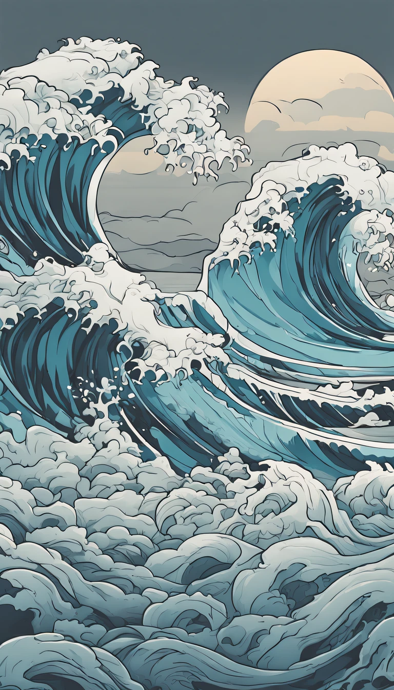 wave murals  Light blue and light gray style, Layered landscape, Japanese style art, Ricoh FF-9D, Golden Age aesthetics, Exotic landscape