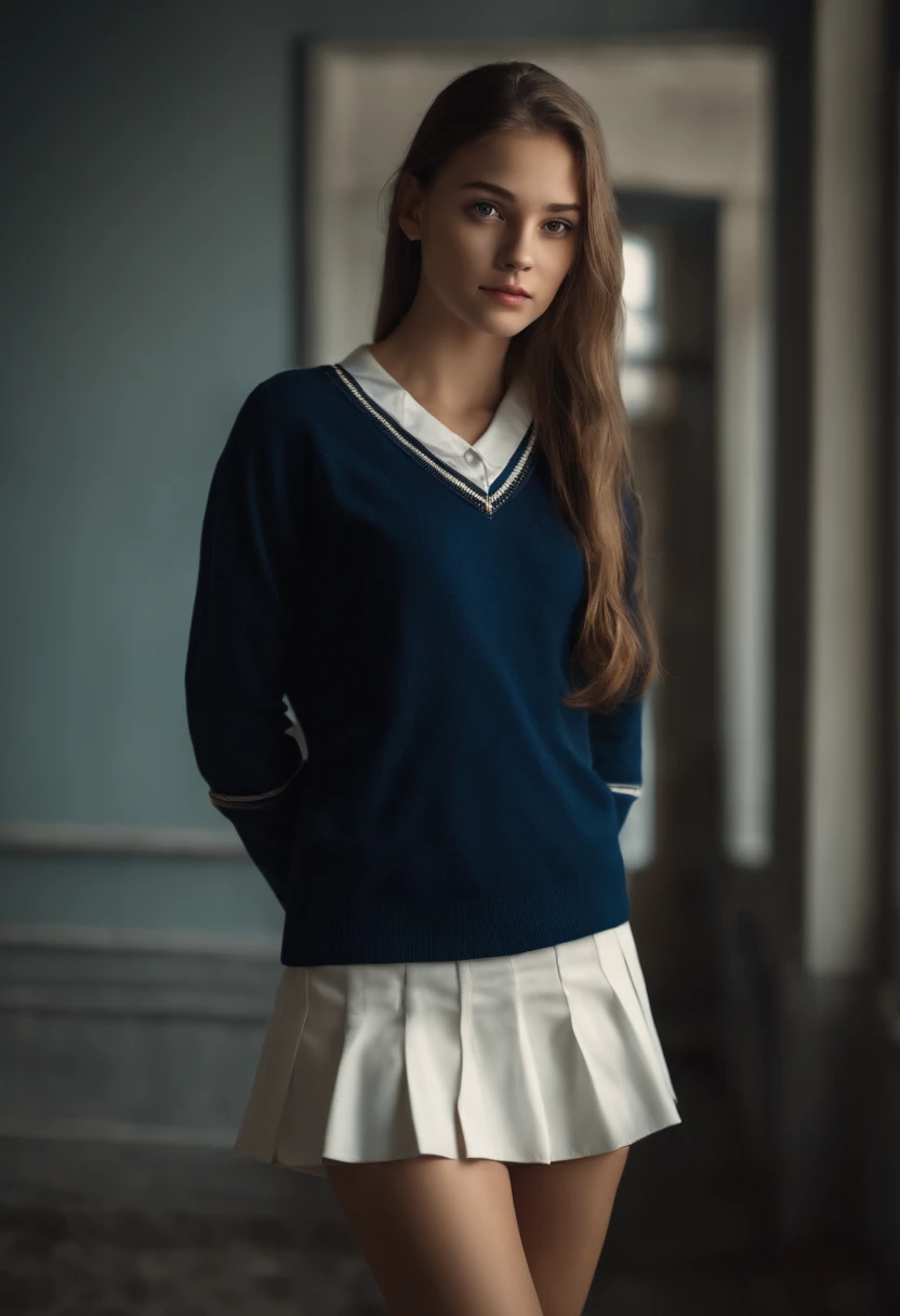 full body portrait of a stunningly beautiful student girl without make-up, 17 years old, /(perfect and detailed hands, fine fingers, perfect and highly detailed eyes, perfect face, perfect and athletic body,), /(long light brown hair in ponytail, triangular face, perfect brown eyes, shapely legs, hourglass body, sexi,), /(school uniform: blues sky sweater, white blouse, white miniskirt, dark blue socks,) extremely detailed light hazel eyes, detailed symmetric realistic face, extremely detailed natural skin texture, peach fuzz, masterpiece, absurdres,