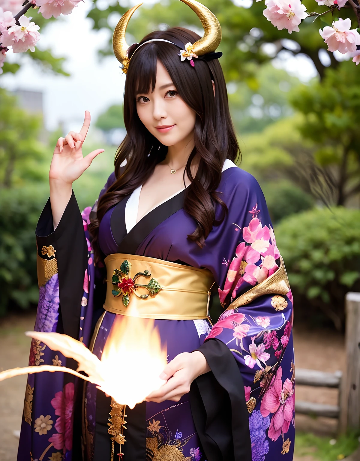 ((World of Darkness)),Professional , masterpiece、top-quality、photos realistic , depth of fields 、(sexypose)、(Background of cherry blossoms in full bloom),(Ultimate Beauty)、A dark-haired、()、(Kimono with beautiful pattern)、(Night background)、((Wearing a skeleton helmet)),(Wear a beautiful kimono),(Wear a beautiful kimono with colorful floral patterns)、Jewel Gold Weapon、Particles of light),(Has a devil's mask)、Gorgeous gold weapons ,Skeleton population、(( Gorgeous Dragon Sword)) , (a dark night),,(maikurobikini) 、((Black Haired Beautiful Girl))、(Castle background)、(demonic wings)、((Gangle's forest background))、Beautiful Caucasian beauty、1a person、dynamic ungle,(((Two devil's horns on the head)))、Smaller head、Idle Smile、Thin and beautiful female hands、Mystical expression、Light Effects、intense fighting、Wind-effect、magic circles、With the legendary magic wand、Dragon's tail、