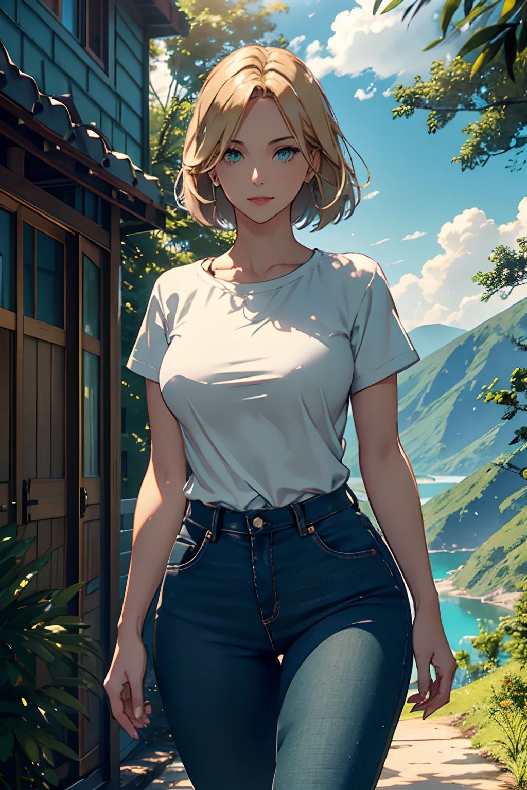 blue_sky, building, bush, cliff, cloud, cloudy_sky, day, forest, grass, horizon, house, jungle, lake, lens_flare, light_rays, mountain, nature, outdoors, path, pine_tree road, scenery, sky, sun, sunbeam, sunlight, sunset, tree, tree_shade, water, (Woman:1.4), blonde hair, (green eyes:1.2), tight jeans, black t-shirt, walking, short hair, solo, smiling, hands behind body,(masterpiece, best quality:1.2),detailed face, detailed eyes, elegant woman,red lipstick,fit body,casual casual clothes,cool hair, mature, full body,coy smile
