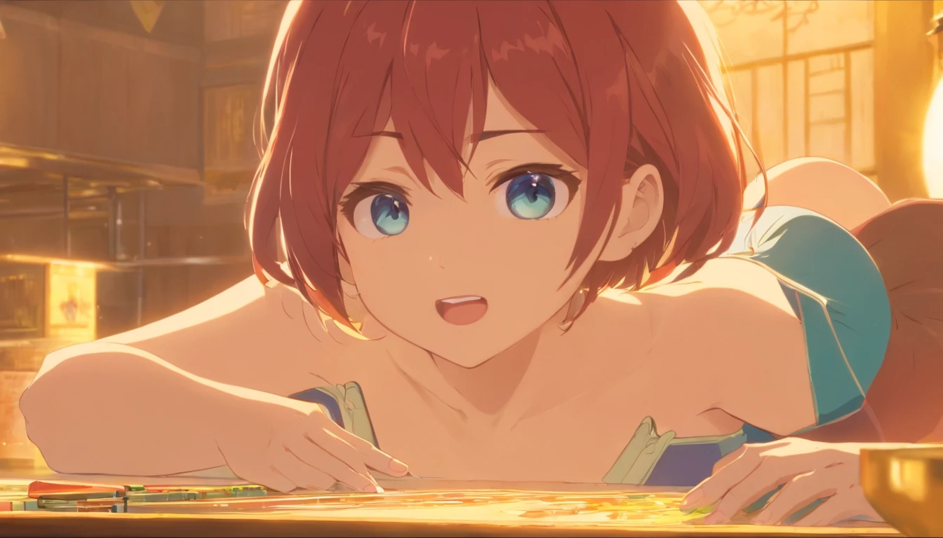 tmasterpiece,best qualtiy,anime big breast,redheadwear,Young girls,Positively,full bodyesbian,Big eyes,blue color eyes,Put your hands together,Chest protrusion,Chinese style cheongsam,The mouth is slightly open,morbid,frenzied,Saliva drawing