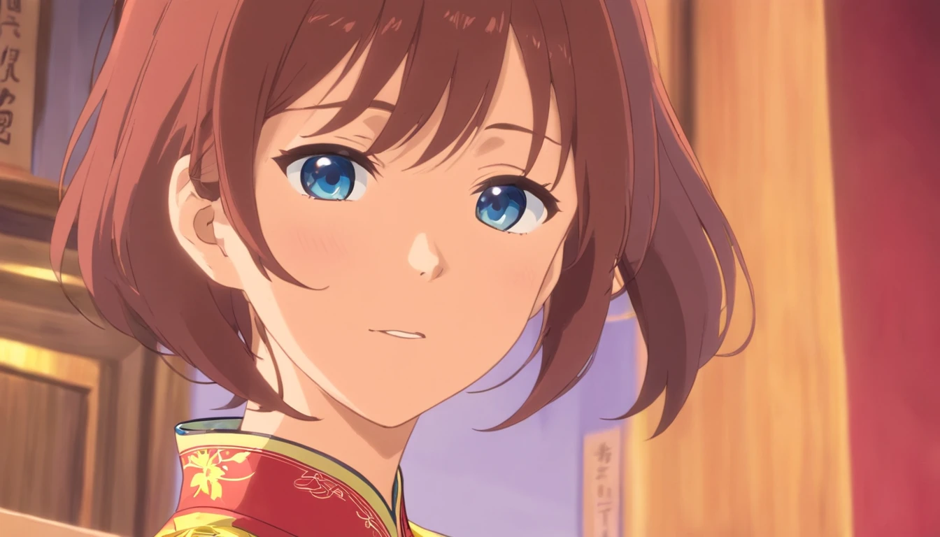 tmasterpiece,best qualtiy,anime big breast,redheadwear,Young girls,Positively,full bodyesbian,Big eyes,blue color eyes,Put your hands together,Chest protrusion,Chinese style cheongsam,The mouth is slightly open,morbid,frenzied,Saliva drawing