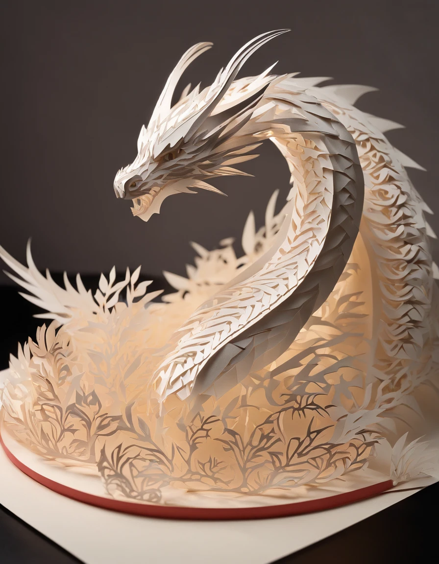 Multi - dimensional paper ,product show photo, , using two-color paper ,close-up of Dragon Kirigami origami crafts, color-paper,dramatic lights