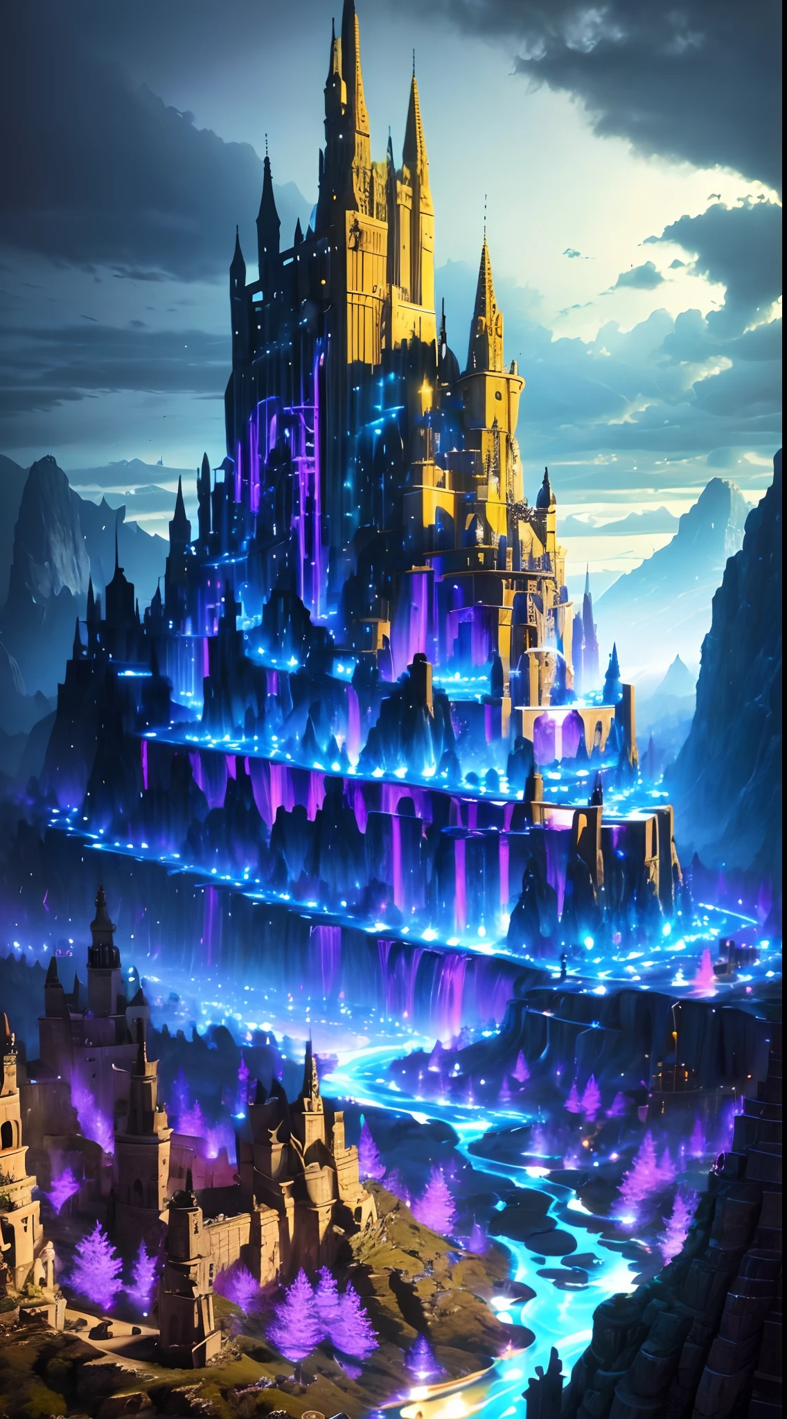 There is a mystical landscape of a magical fantasy with side mountains divided by a trench in half, paisagem surrealista, noite mistica, lua cheia brilhante, magic lights , luzes neon, magia de luz, noite misteriosa, (luzes roxo,azul, amarelo), photografia profissional,(obra prima),(Ultra realista),(Ultra Dealhado),(melhor qualidade),(simetria perfeita:1.3)