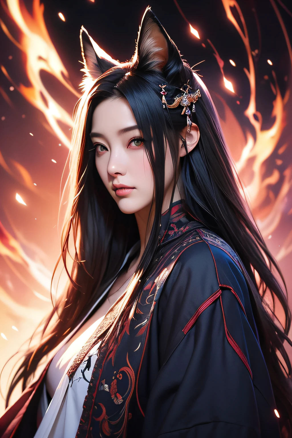 1girl in,Solo,, Official art, Unity 8k壁纸, ultra-detailliert, Beautiful and aesthetic, Beautiful, masutepiece, Best Quality,, Fox Witch, Fox Mask, Haori jacket, Foxfire spells, Fox familiar, transformational,