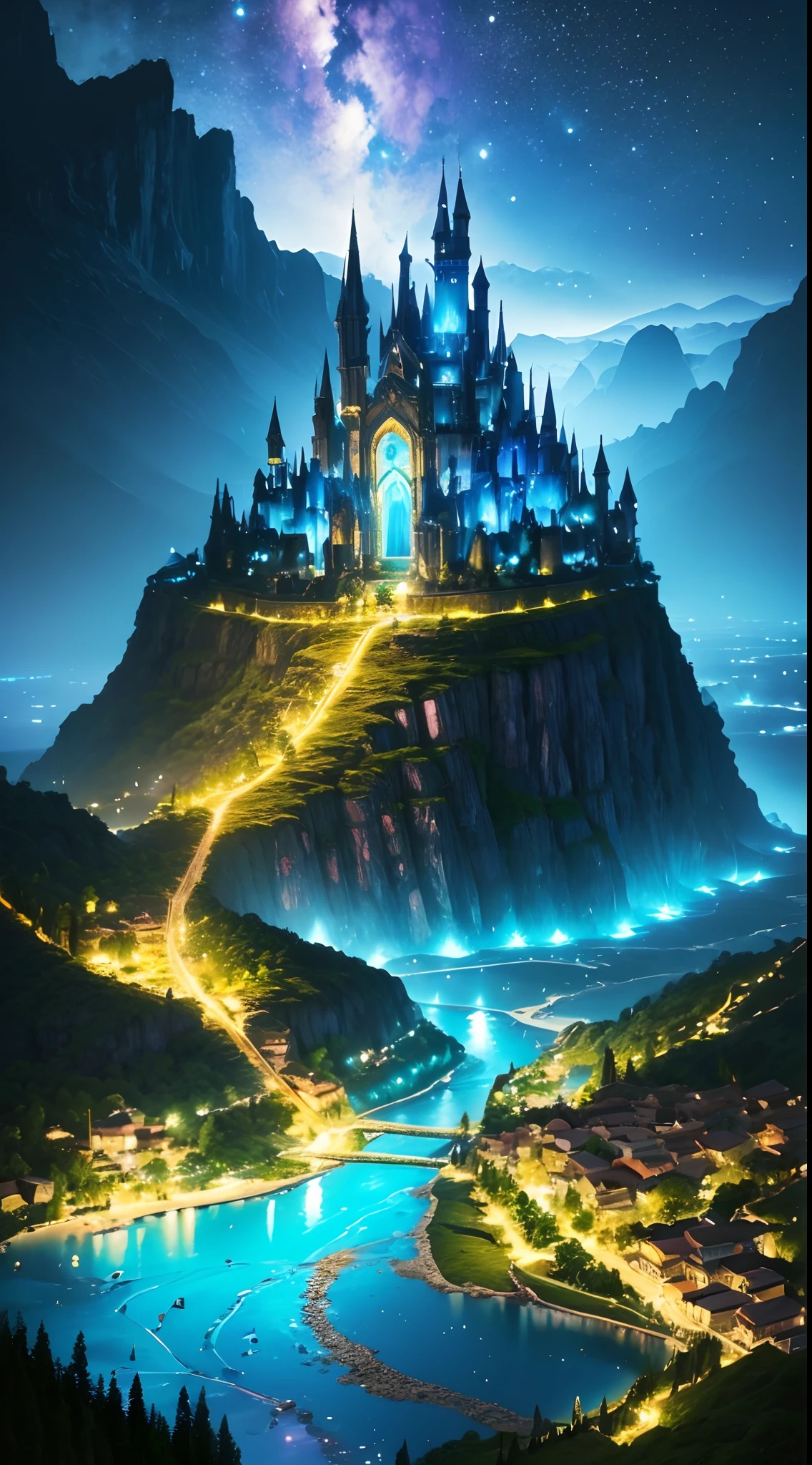 There is a mystical landscape of a magical fantasy with side mountains divided by a trench in half, paisagem surrealista, noite mistica, lua cheia brilhante, magic lights , luzes neon, magia de luz, noite misteriosa, (luzes roxo,azul, amarelo), photografia profissional,(obra prima),(Ultra realista),(Ultra Dealhado),(melhor qualidade),(simetria perfeita:1.3)