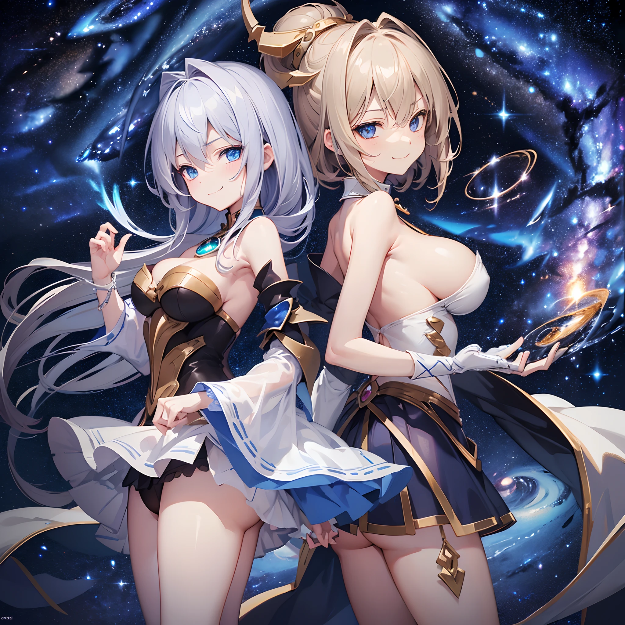 Dark Magician Girl、MKSKS style、two individuals、(highly detailed back ground:1.0)、(highly detailed back ground:1.0)、masterpiece、top-quality、超A high resolution、8K、full body Esbian、From an angle、(1/2 Silver、1 Silver/2 Golden brown hair)、BREAK、Detailed skin、glowy skin、(A detailed eye、Blue eyes)、Burning cheeks、(Smirk:1.4)、Large breasts、Break HA、(White shirt:1.6、Detailed clothing)、looking in camera、(Milky Way:1.5)