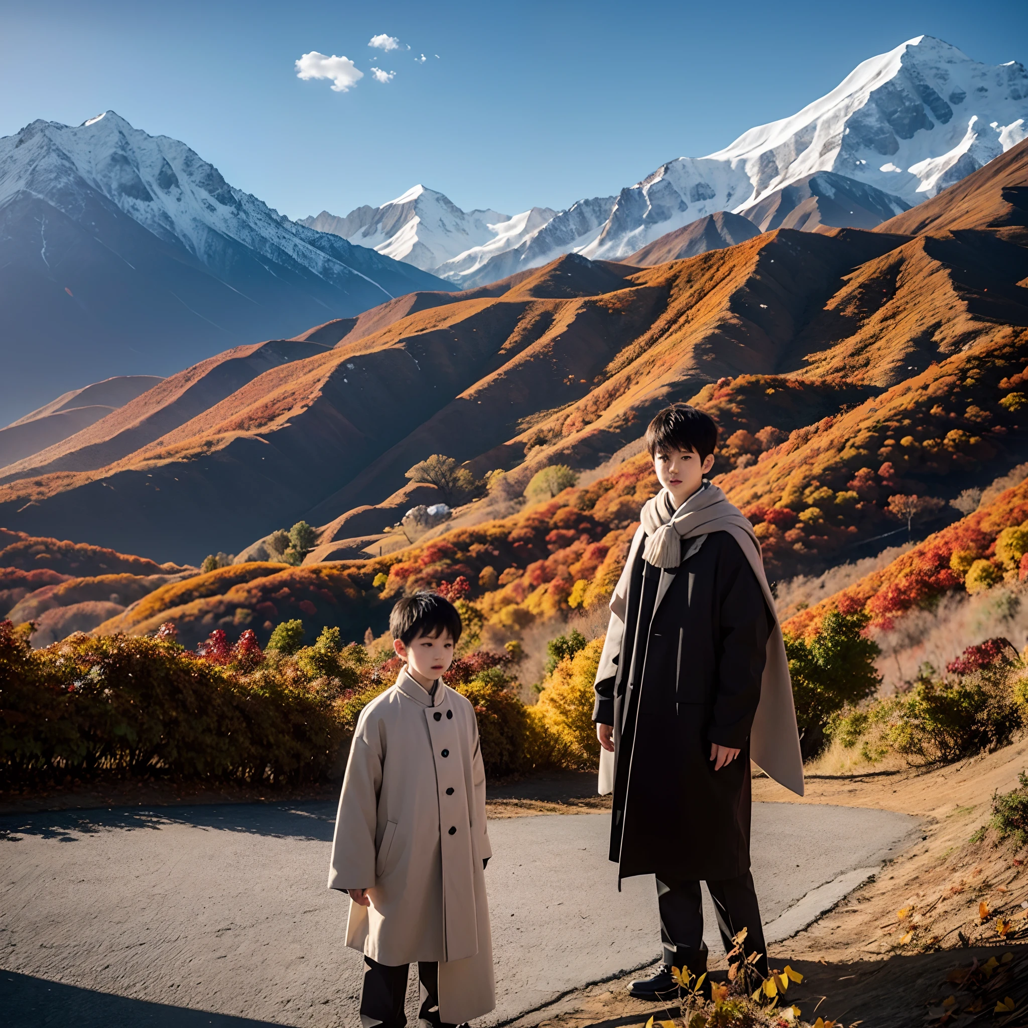 The mountains are covered with autumn leaves、White God々Shiiryu,The Boy Standing Beside It,And the black shadow is a ghost,Where they take to the skies