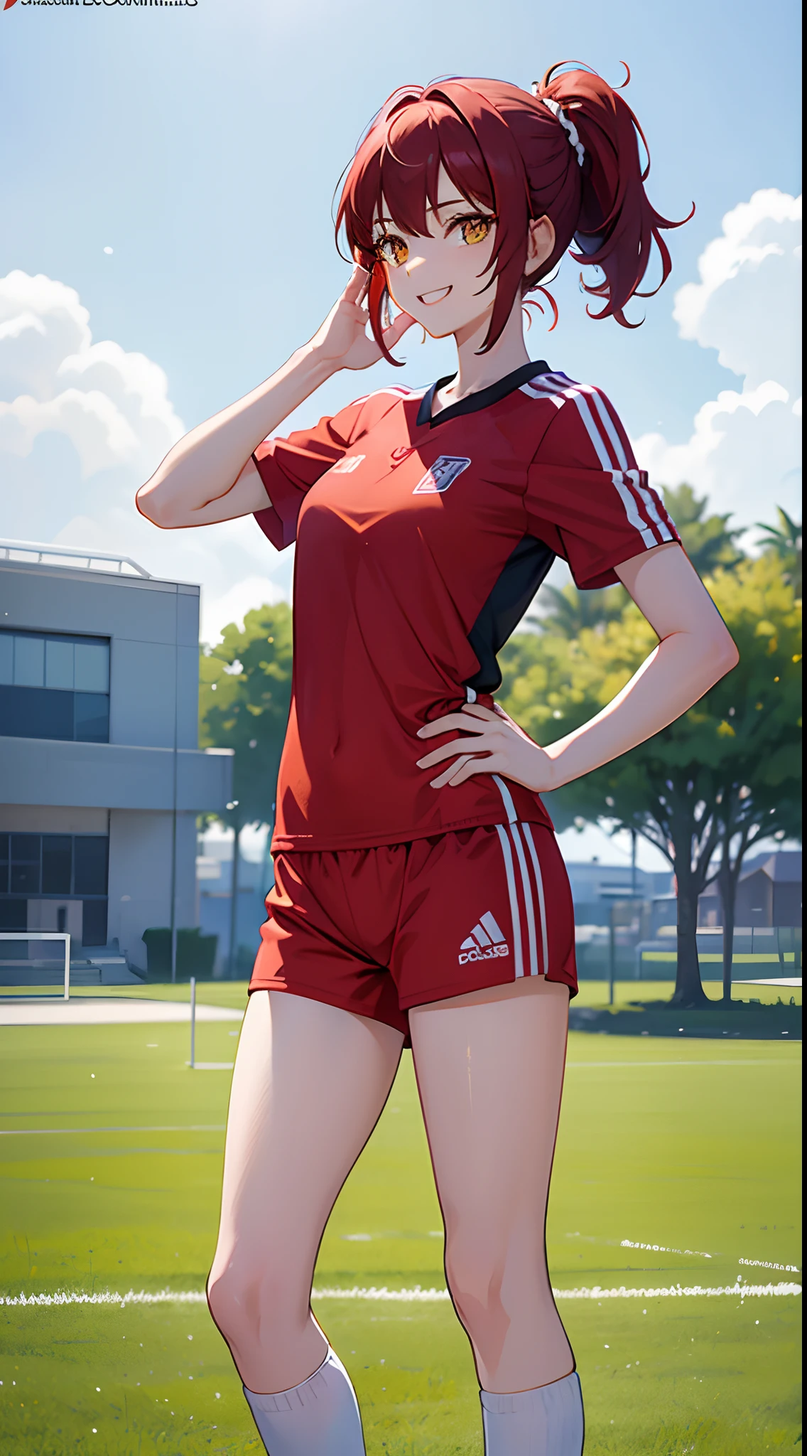 1 girl 19 years old, yellow eyes, shoulder-short red hair, hair tied high, wearing red and white soccer jerseys, wearing red soccer shorts, excited smile, confident face, happy attitude, hand holding towel to wipe sweat on shoulder, waving hand, from the side, sunny weather, noon, jogging field at school, extremely detailed, best graphics, 8k, ultrasharp, masterpiece